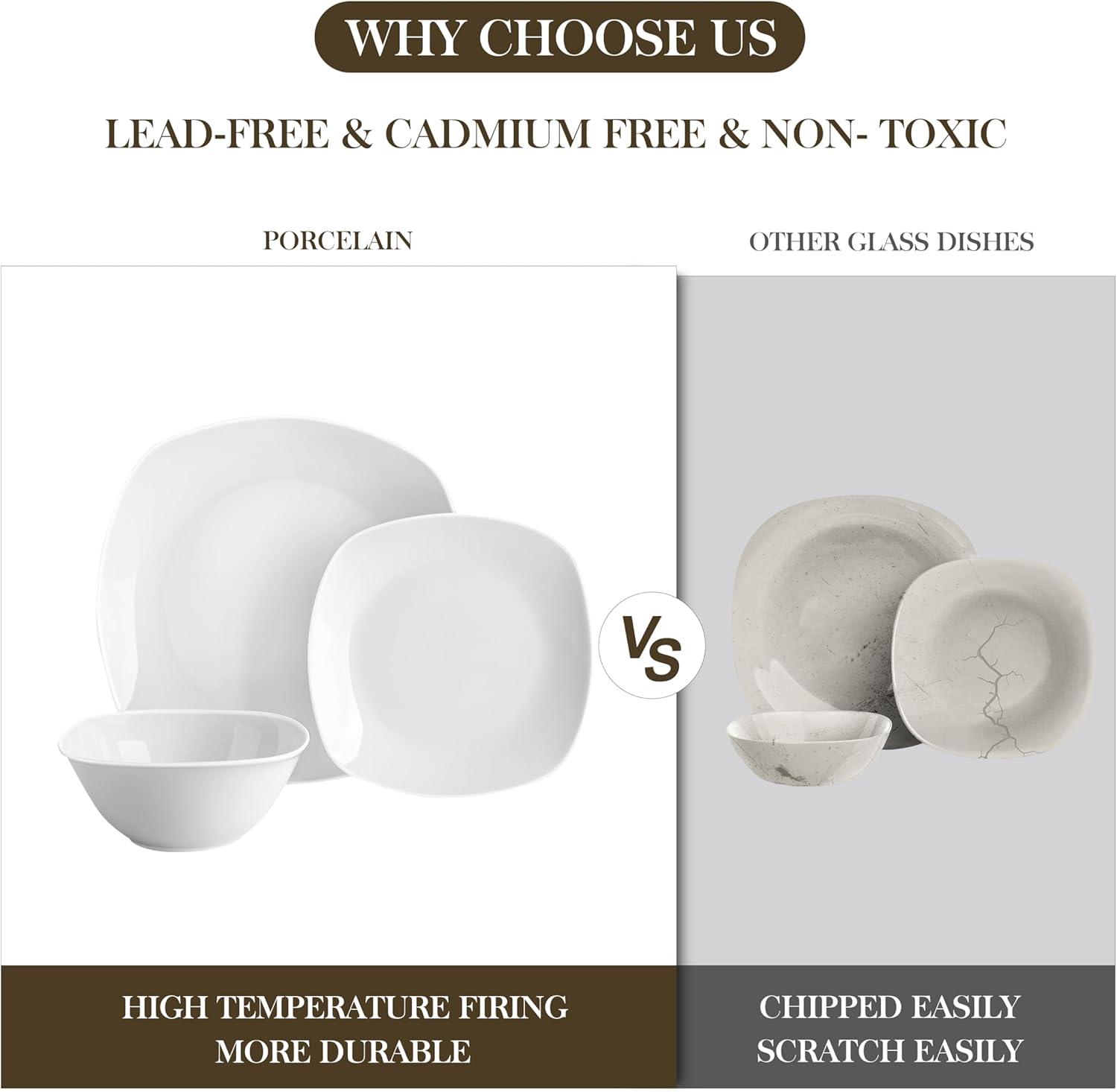 MALACASA Plates and Bowls Set, 12 Pieces Porcelain Dinnerware Sets, Gray White Dishes Set for 4, Chip and Scratch Resistant Square Dishware Sets, Series ELISA