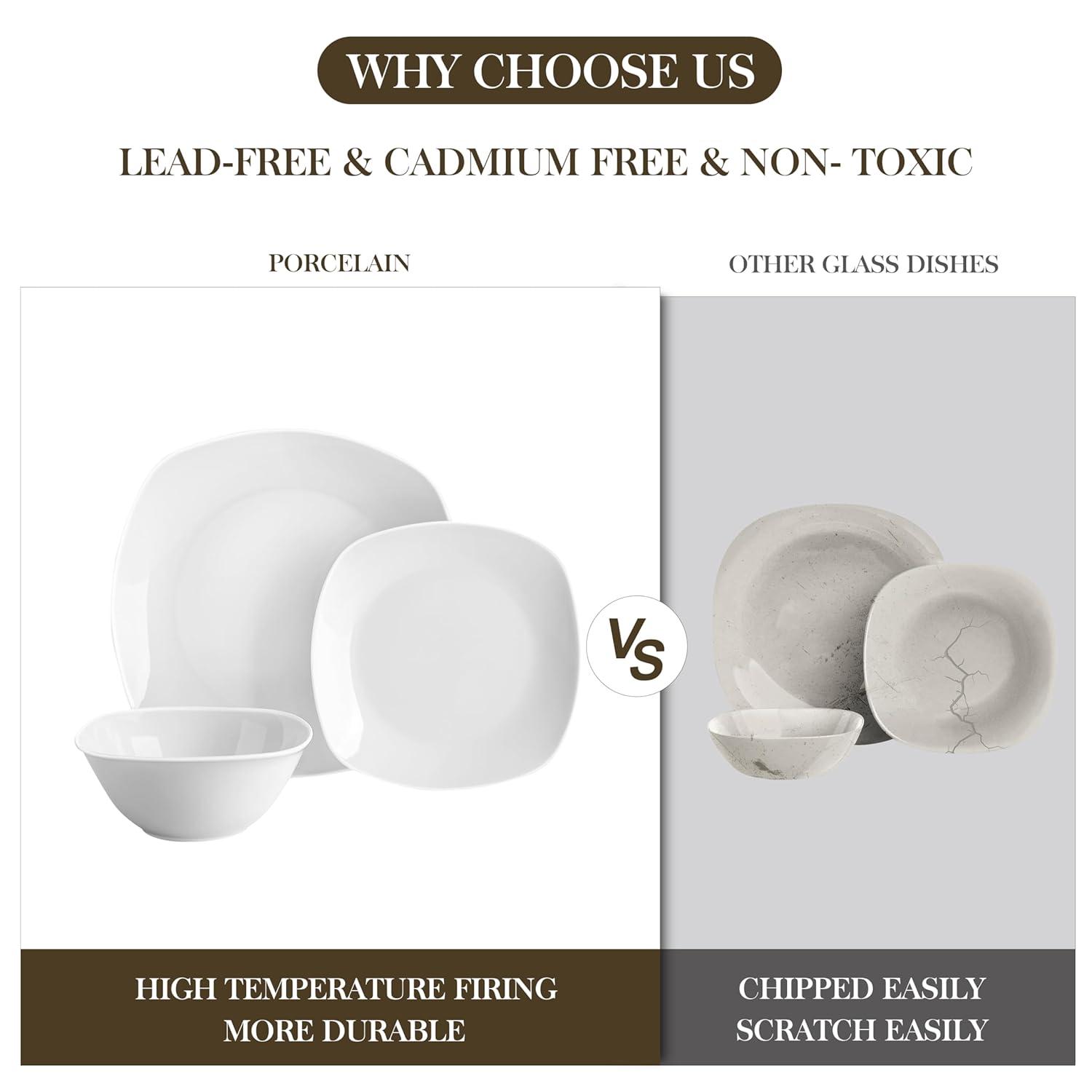 MALACASA Plates and Bowls Set, 12 Pieces Porcelain Dinnerware Sets, Gray White Dishes Set for 4, Chip and Scratch Resistant Square Dishware Sets, Series ELISA