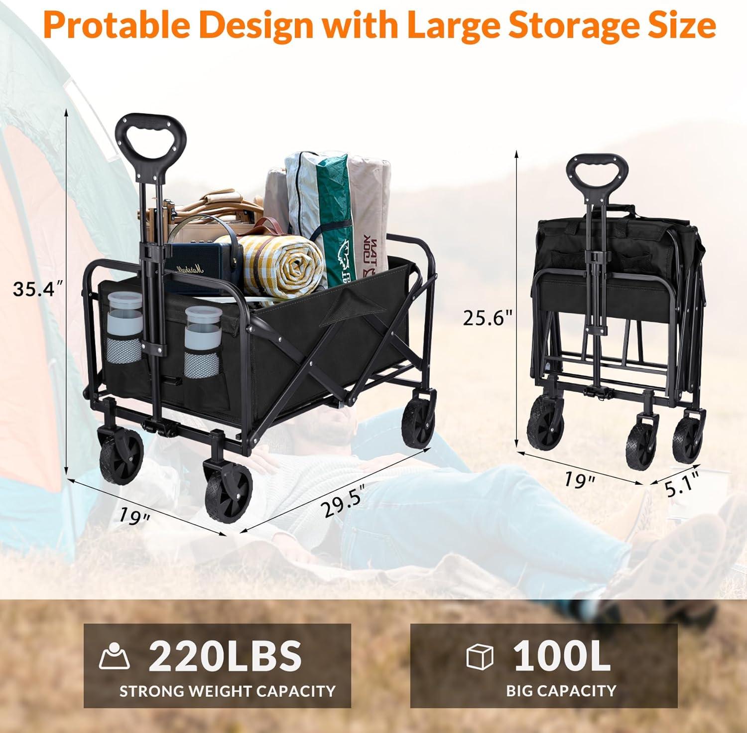 Clearance! Outdoor Utility Wagon Cart with Cup Holdler, Large Capacity Folding Wagon Garden Shopping Beach Cart,Heavy Duty Foldable Cart, for Outdoor Activities, Beaches, Parks, Camping (Blue)