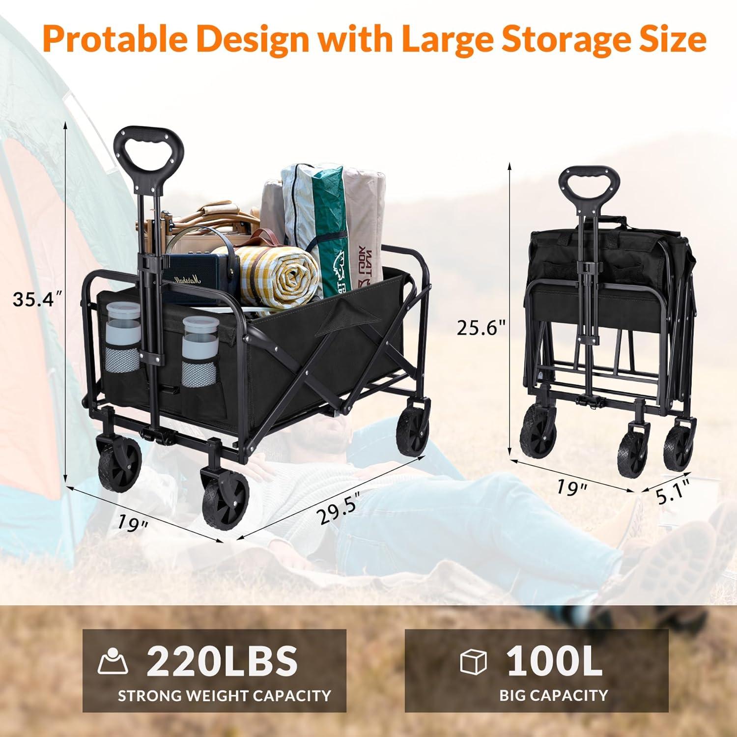 Clearance! Outdoor Utility Wagon Cart with Cup Holdler, Large Capacity Folding Wagon Garden Shopping Beach Cart,Heavy Duty Foldable Cart, for Outdoor Activities, Beaches, Parks, Camping (Blue)