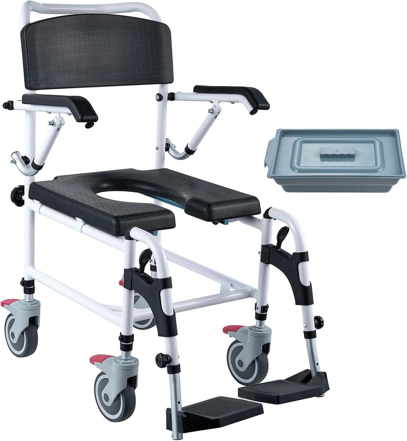 VEVOR Shower Commode Wheelchair with 4 Lockable Wheels, Footrests, Flip-up Arms, 3-Level Adjustable Height, 5L Removable Bucket, 350 LBS Capacity, Commode Chair for Adults Seniors
