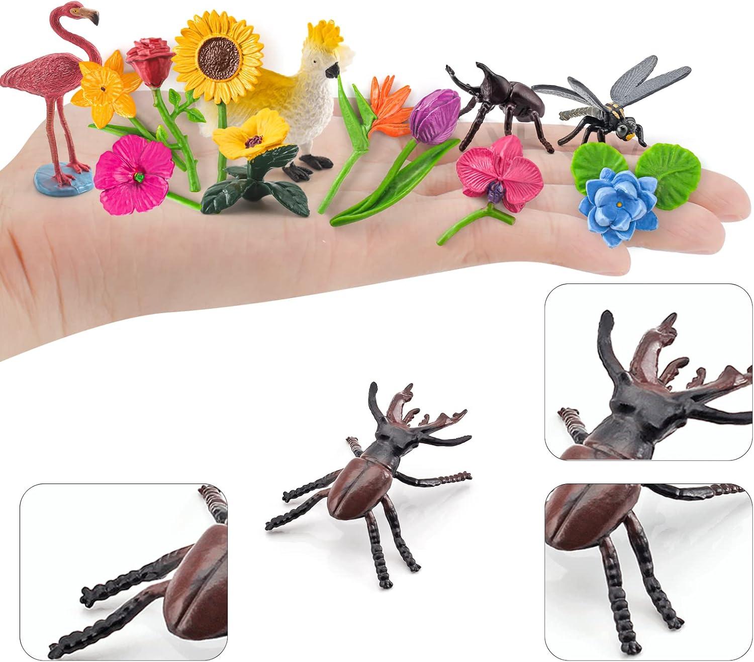 24PCS Realistic Bird Animals Figurines Plastic Flower Toys Mini Insect Toys Set for Toddlers Age 3+ Educational Project Diorama Kids for Preschool Children