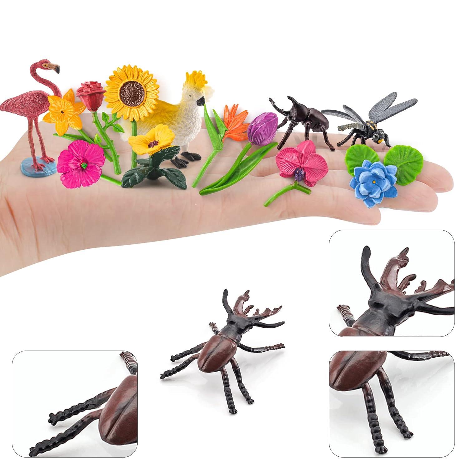 24PCS Realistic Bird Animals Figurines Plastic Flower Toys Mini Insect Toys Set for Toddlers Age 3+ Educational Project Diorama Kids for Preschool Children