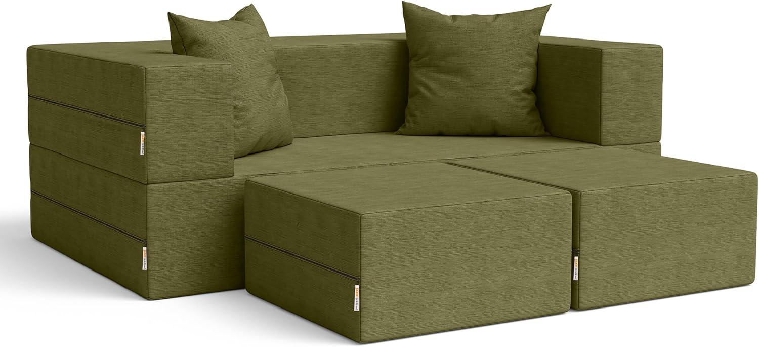 Jaxx Zipline Convertible Sleeper Loveseat & Ottomans, Textured Microvelvet - Moss