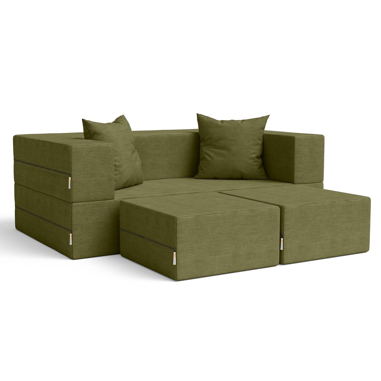 Jaxx Zipline Convertible Sleeper Loveseat & Ottomans/Queen-Size Bed, Moss