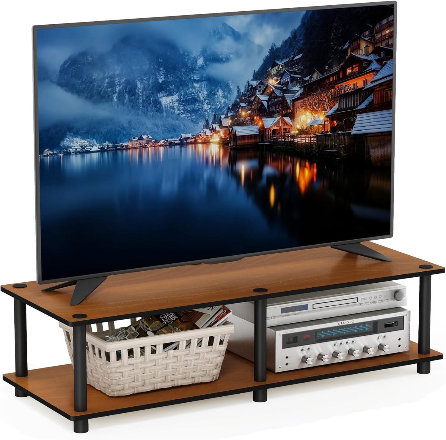 Furinno No Tools Wide TV Stand Media Entertainment Center for TVs up to 43" with Large Capacity Light Cherry Color Black Tube
