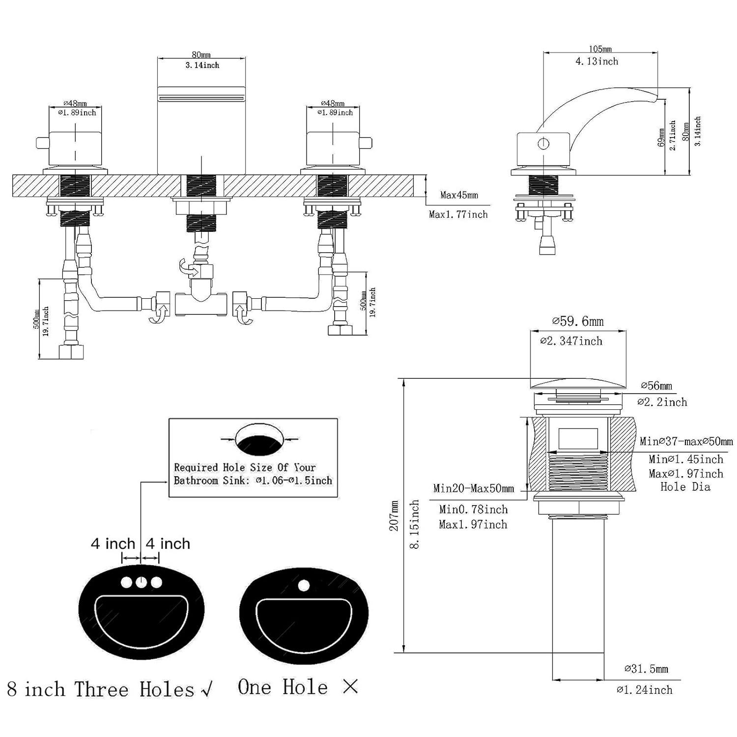 BWE 8 in. Widespread Waterfall Double Handle Three Holes Bathroom Faucet With Led Light in Black