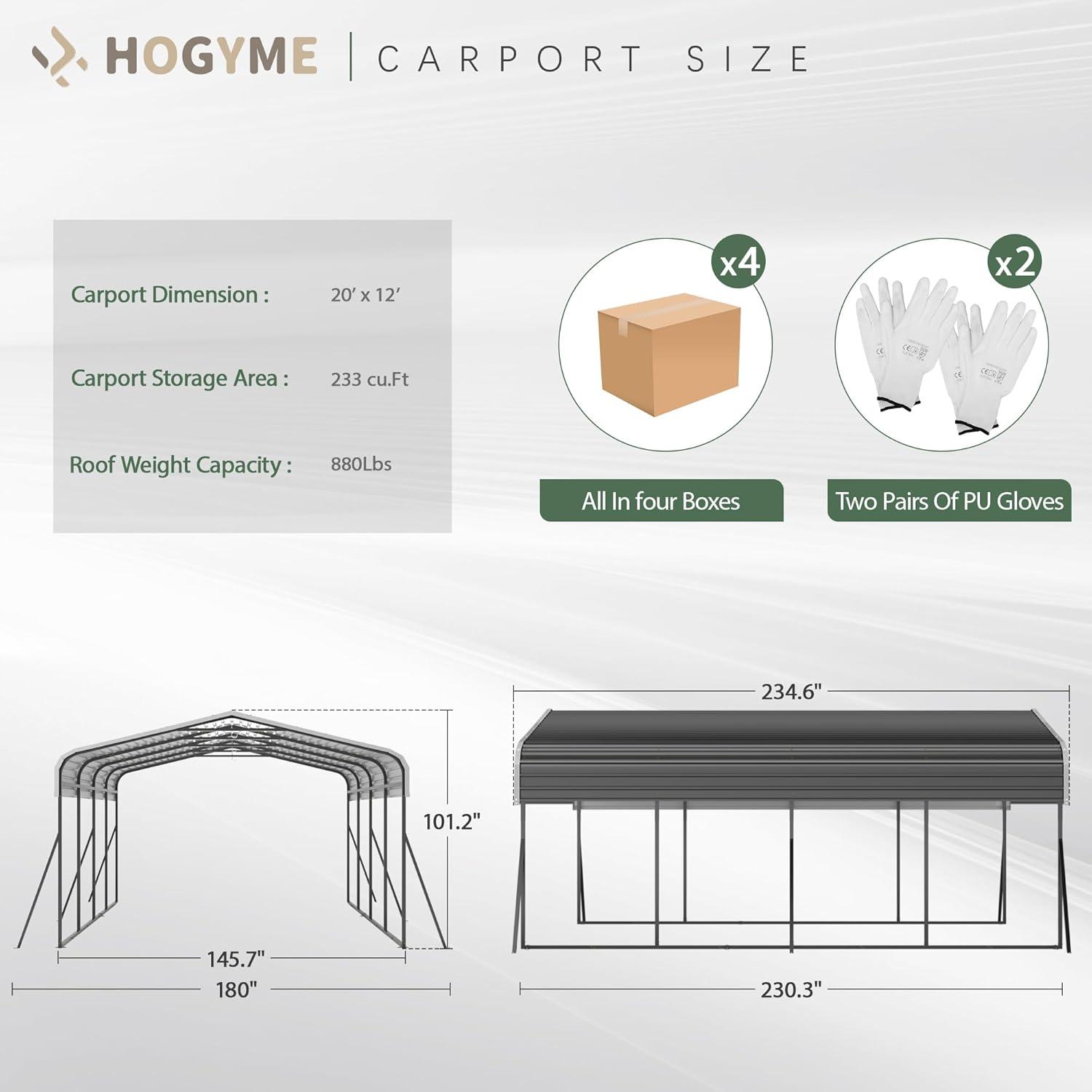 Gray 12x20 FT Heavy Duty Steel Carport Canopy