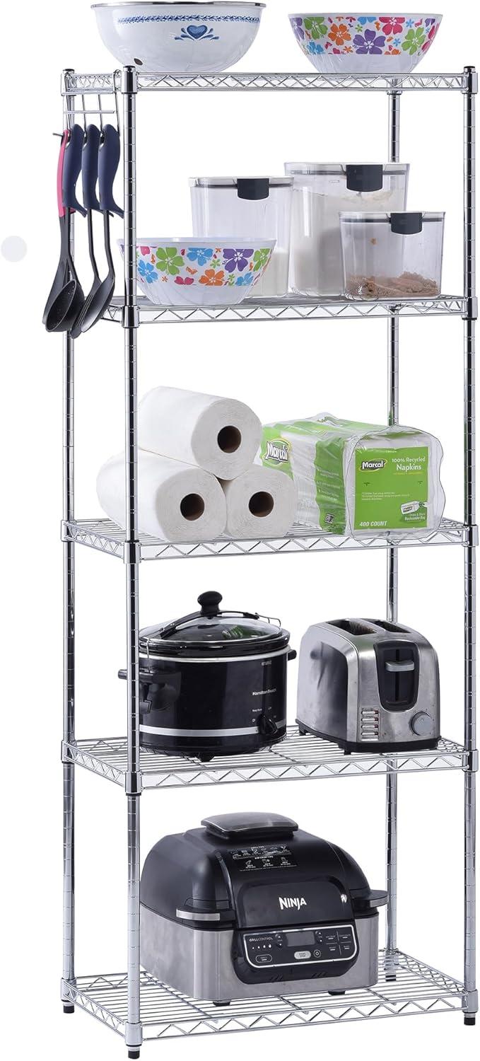 Adjustable Chrome 5-Tier Wire Shelving Unit for Kitchen and Garage