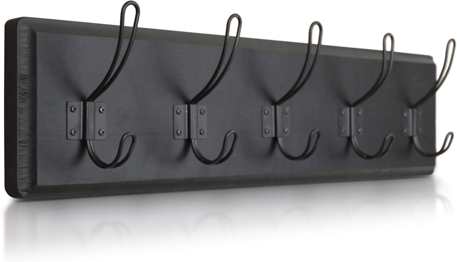 HBCY Creations Rustic Coat Rack with 5 Hooks - Black Wall Mount 24" Coat Rack - Solid Pine Wood Entryway Hanger - Farmhouse Coat Rack for Kitchen, Bedroom