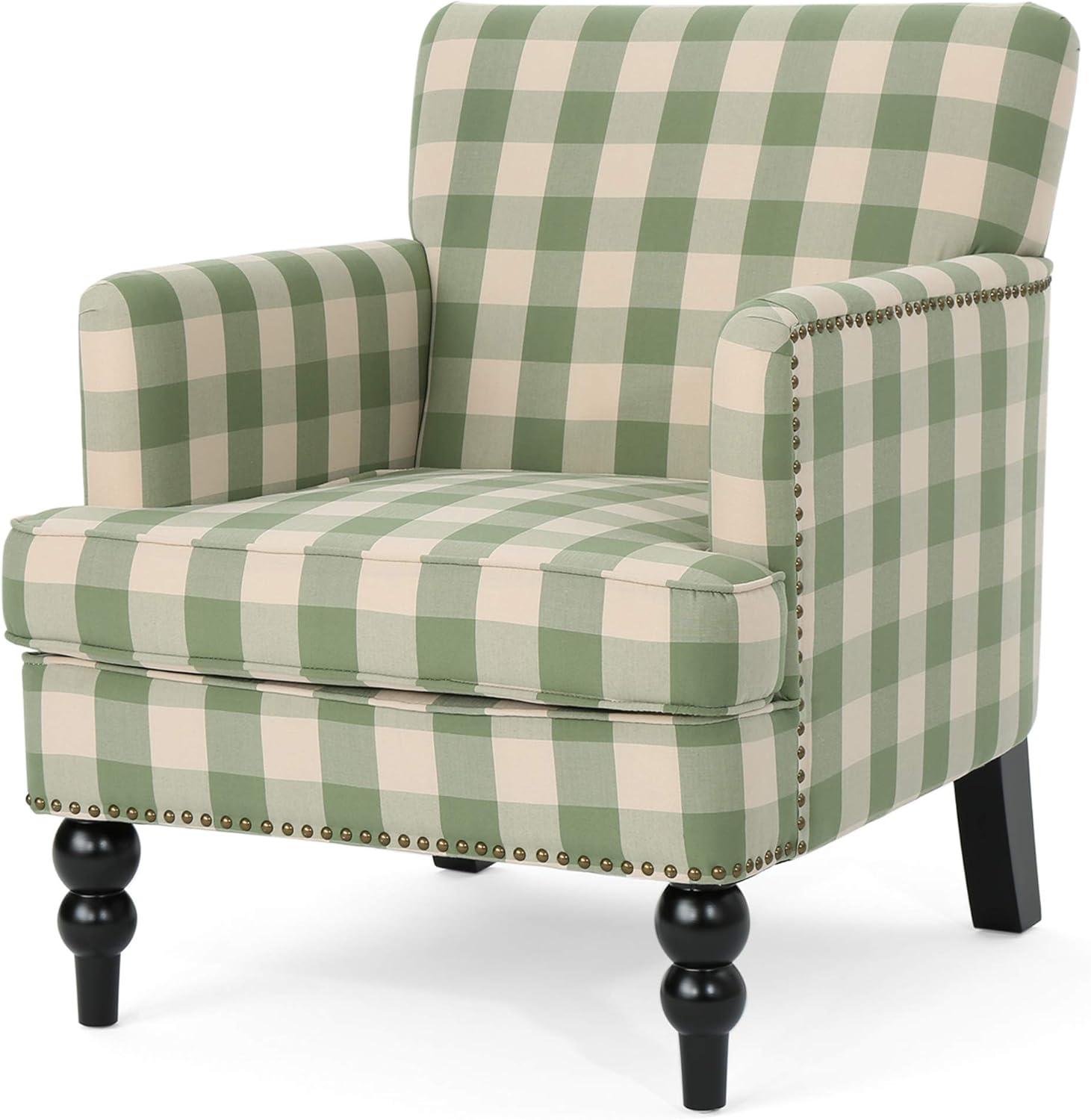 Breezy Hillside Green Checkerboard Handcrafted Wood Club Chair