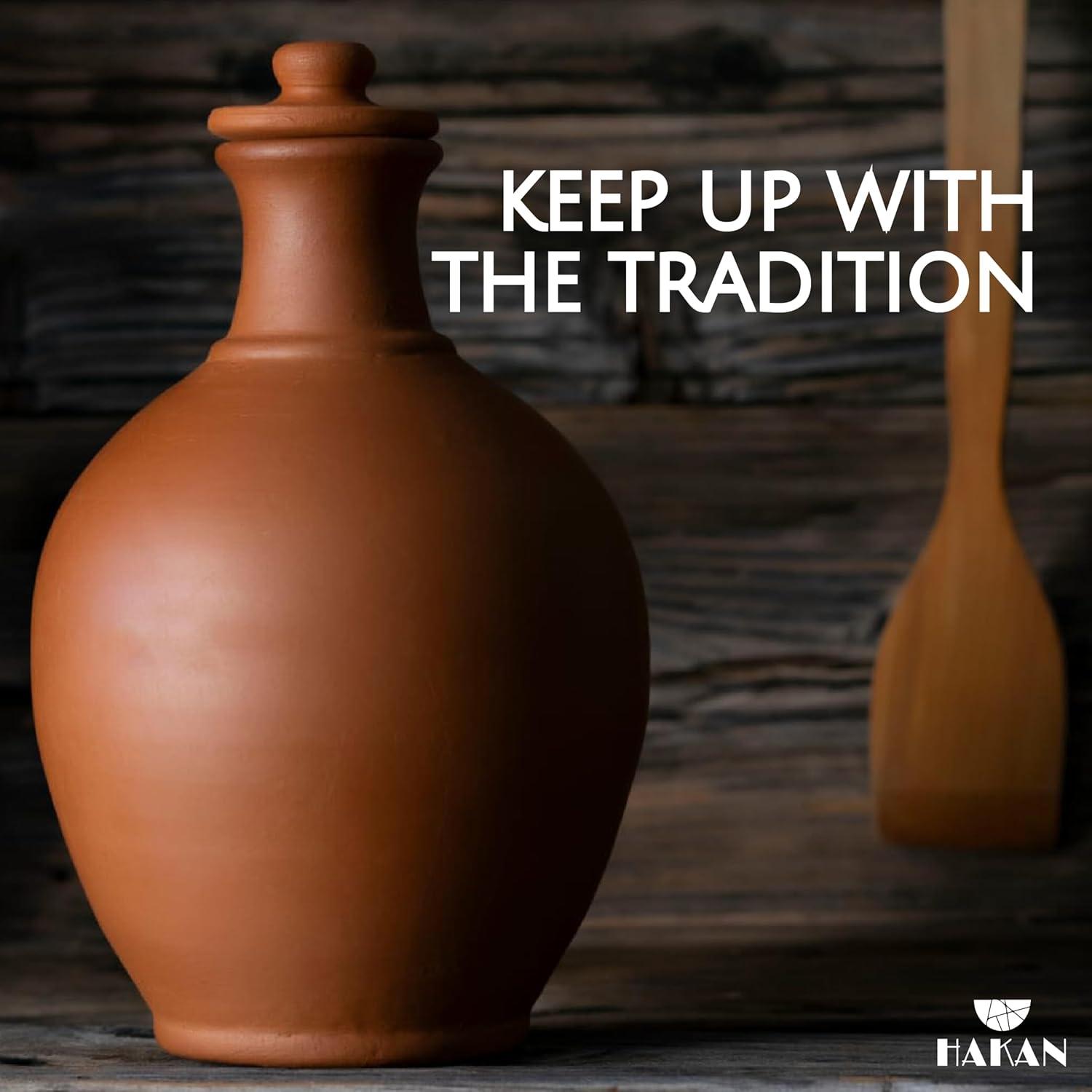 Hakan Handmade Traditional Unglazed Clay Pitcher with Lid, Natural Home Decor Vintage Terracotta Drinking Bottle, Earthenware Beverage Jar from Cappadocia, Pottery Mud Water Jug, Small