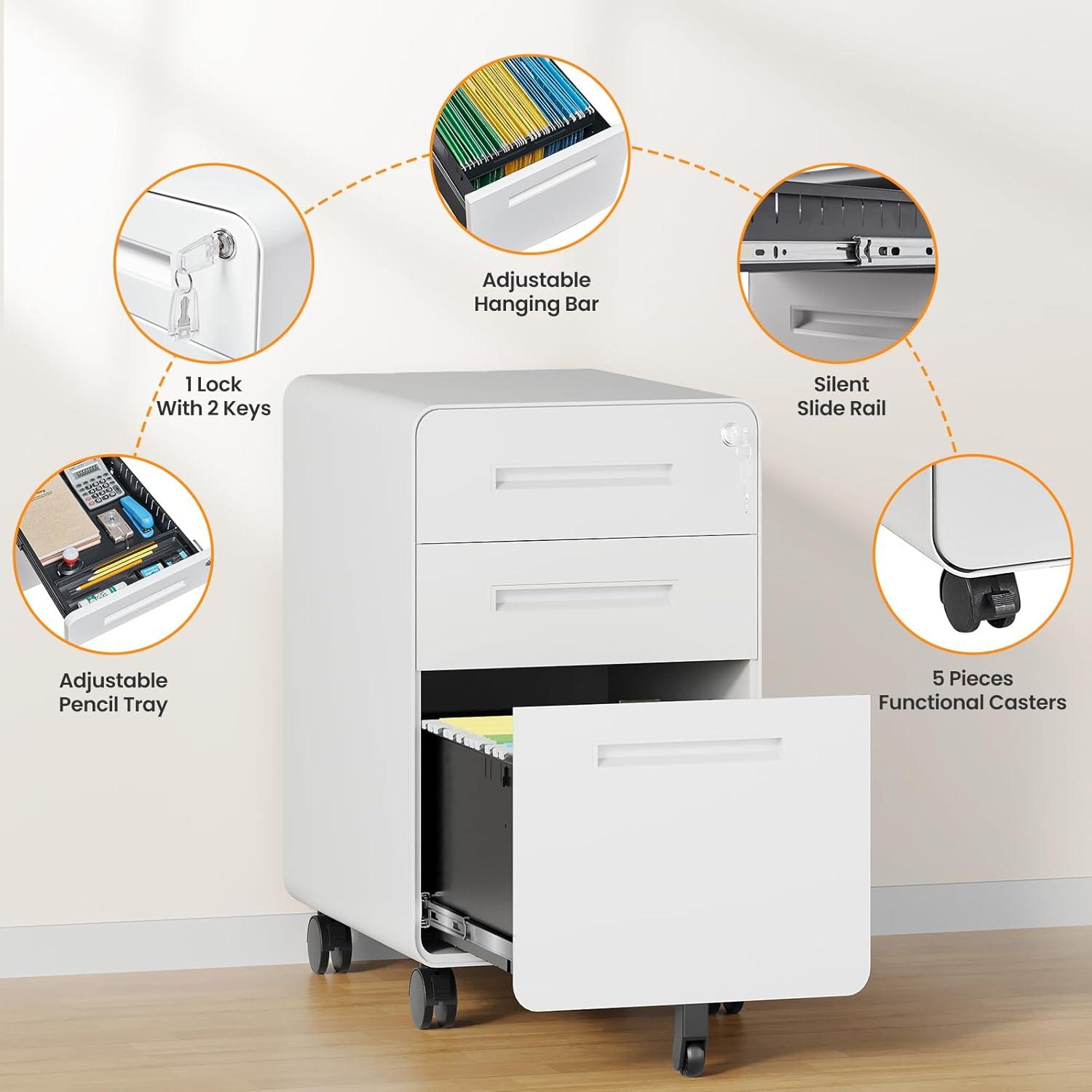3 Drawer File Cabinet with Lock,Under Desk File Cabinet,White Rolling File Cabinet,Three Drawer Filing Cabinet for Home Office with Wheels,Fit A4/Letter/Legal File,Fully Assembled Except Casters