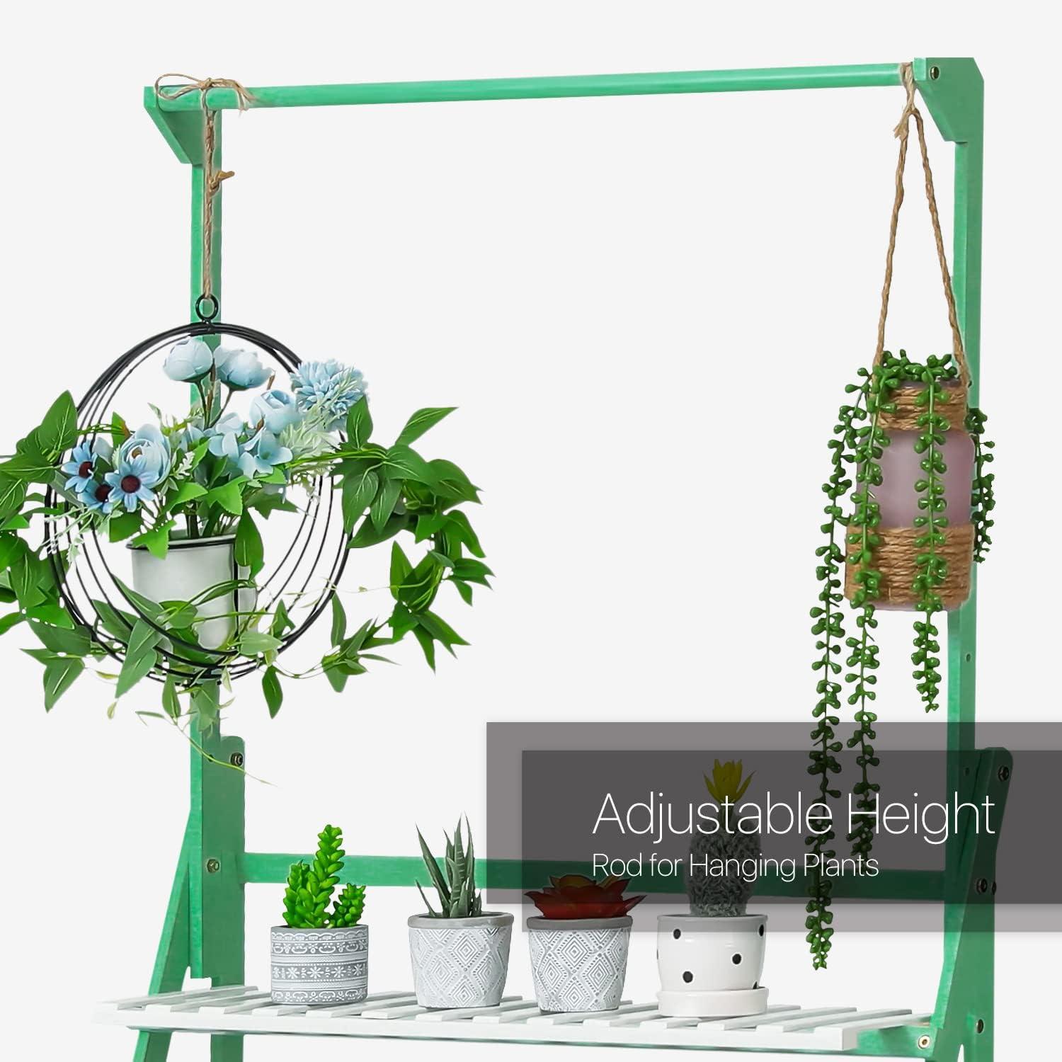 MoNiBloom Bamboo 3 Tier Plant Stand Triangular Flower Pot Holder With Hanging Basket
