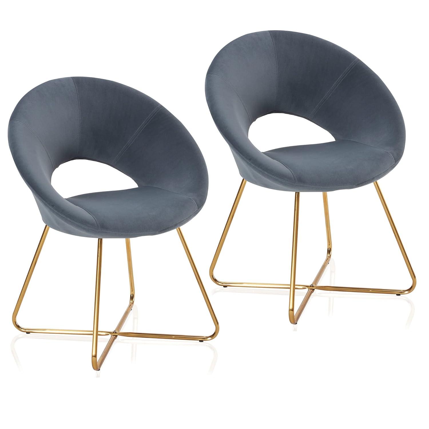 BELLEZE Velvet Modern Accent Chair Vanity Chair Set of 2, Comfy Makeup Chair with Back Living Room Chair, Upholstered Dining Chairs Leisure Armchair with Golden Metal Legs - Ezra (Dark Grey)