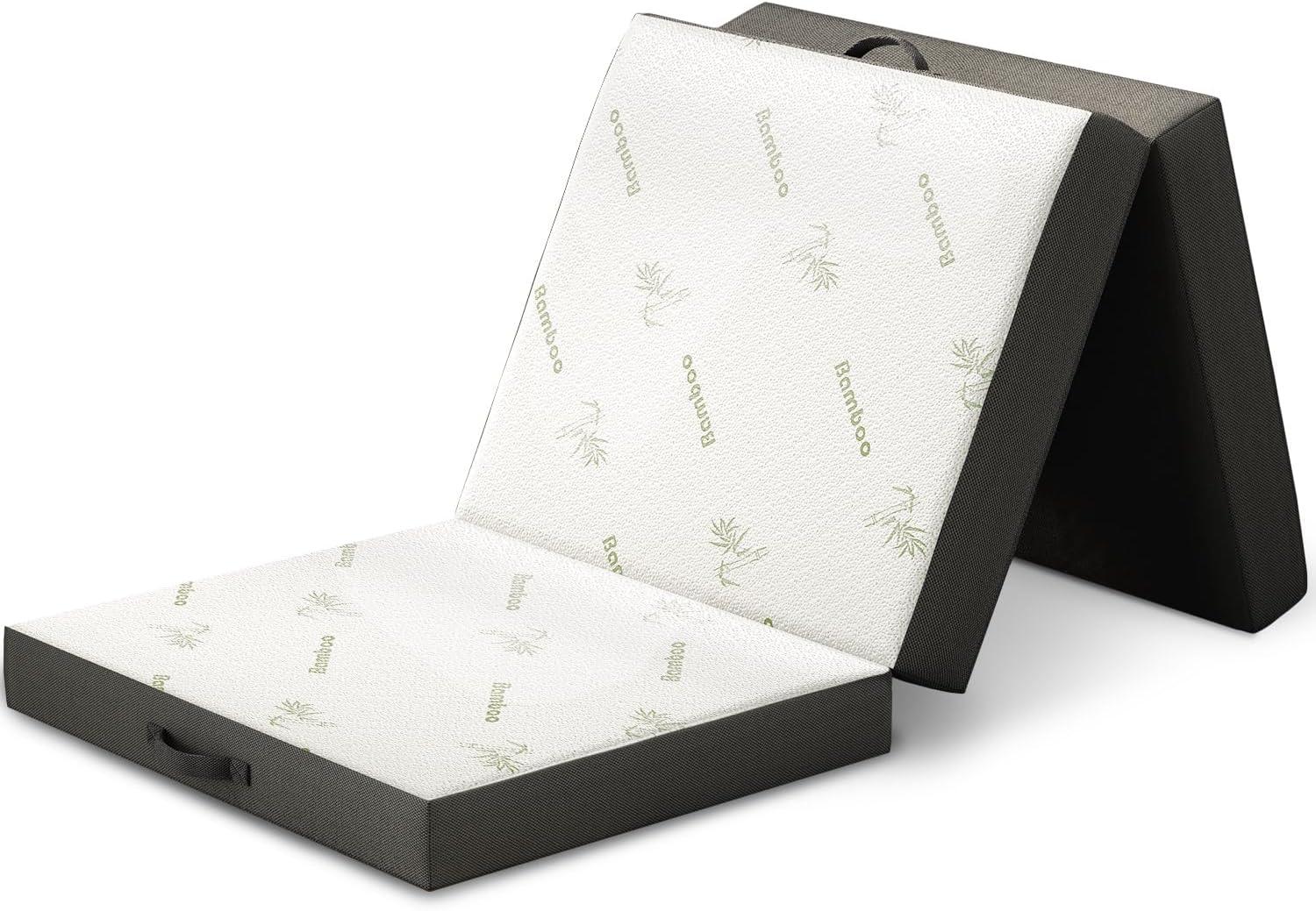 Foldable White and Gray Polyester Foam Trifold Mattress