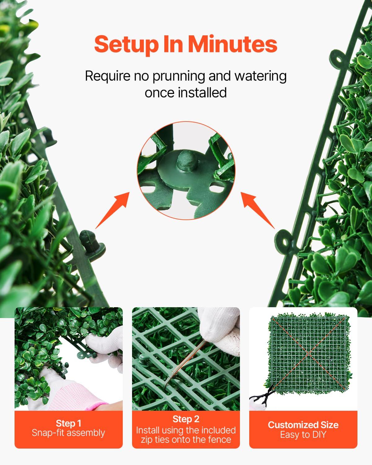 VEVOR Artificial Grass Wall Panels, 12 PCS 20 x 20 inch, 3D Combination Greenery Boxwood Panel for Indoor Outdoor Green Decor & Ivy Fence Covering, Privacy Backdrop Wall Hedge Screen for Garden