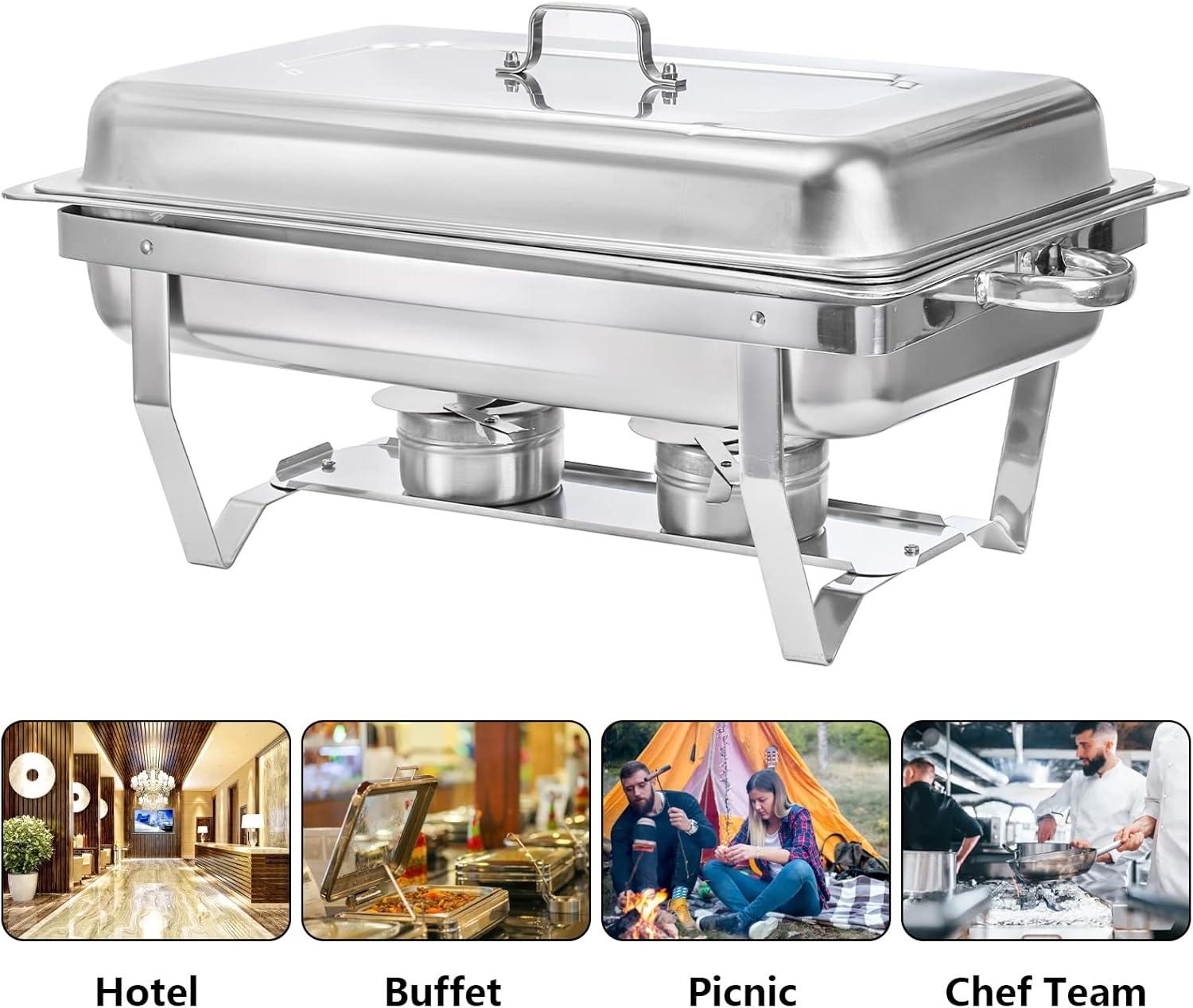 Fasmov Chafing Dish Buffet Set, 8 Quart Stainless Steel Catering Serve Chafer, Restaurant Food Warmer, Rectangular Buffet Stove with 2 Half Size Food Pans and Folding Frame