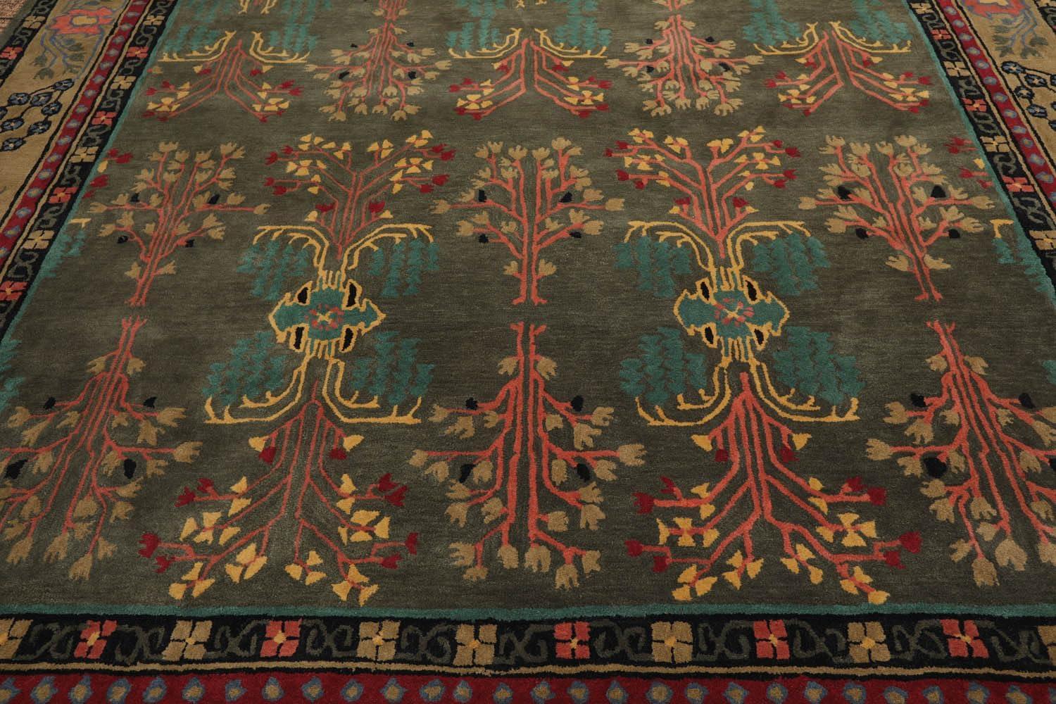 Handmade Gray and Green Wool Oriental 9' x 12' Area Rug
