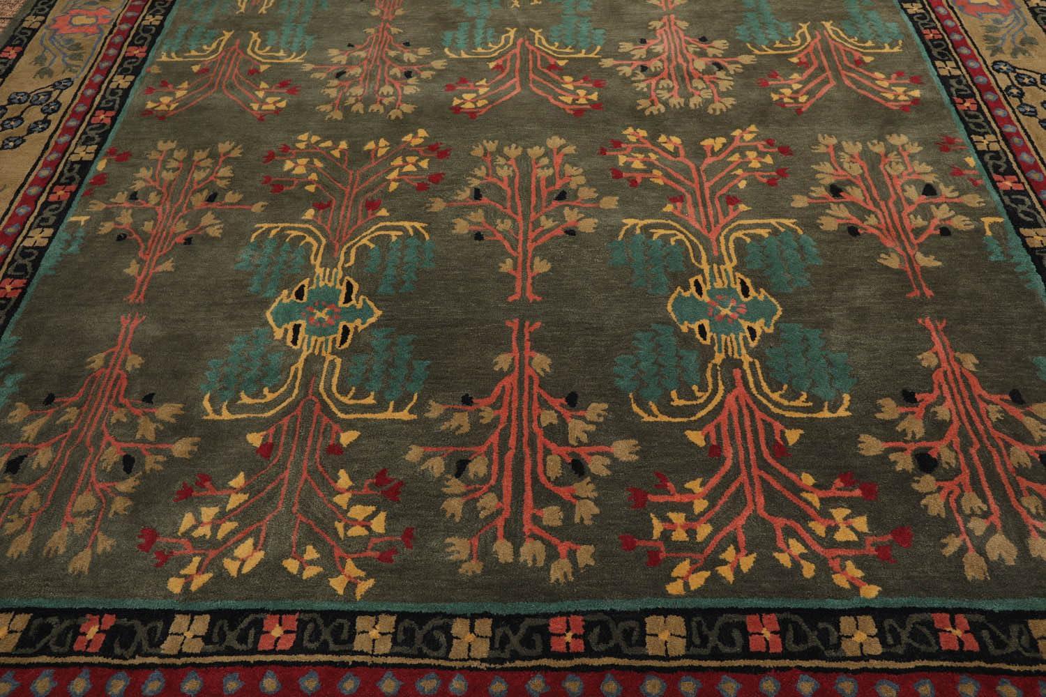 Handmade Gray and Green Wool Oriental 9' x 12' Area Rug