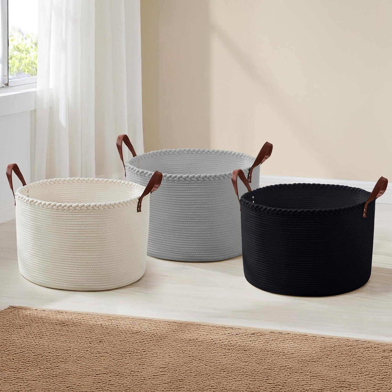 XLarge Round Cotton Rope Storage Basket Bin Organizer Laundry Hamper with Leather Handles, 21 x 21 x 14, Extra Large Blanket Woven Toy Basket for Baby Nursery - Cream