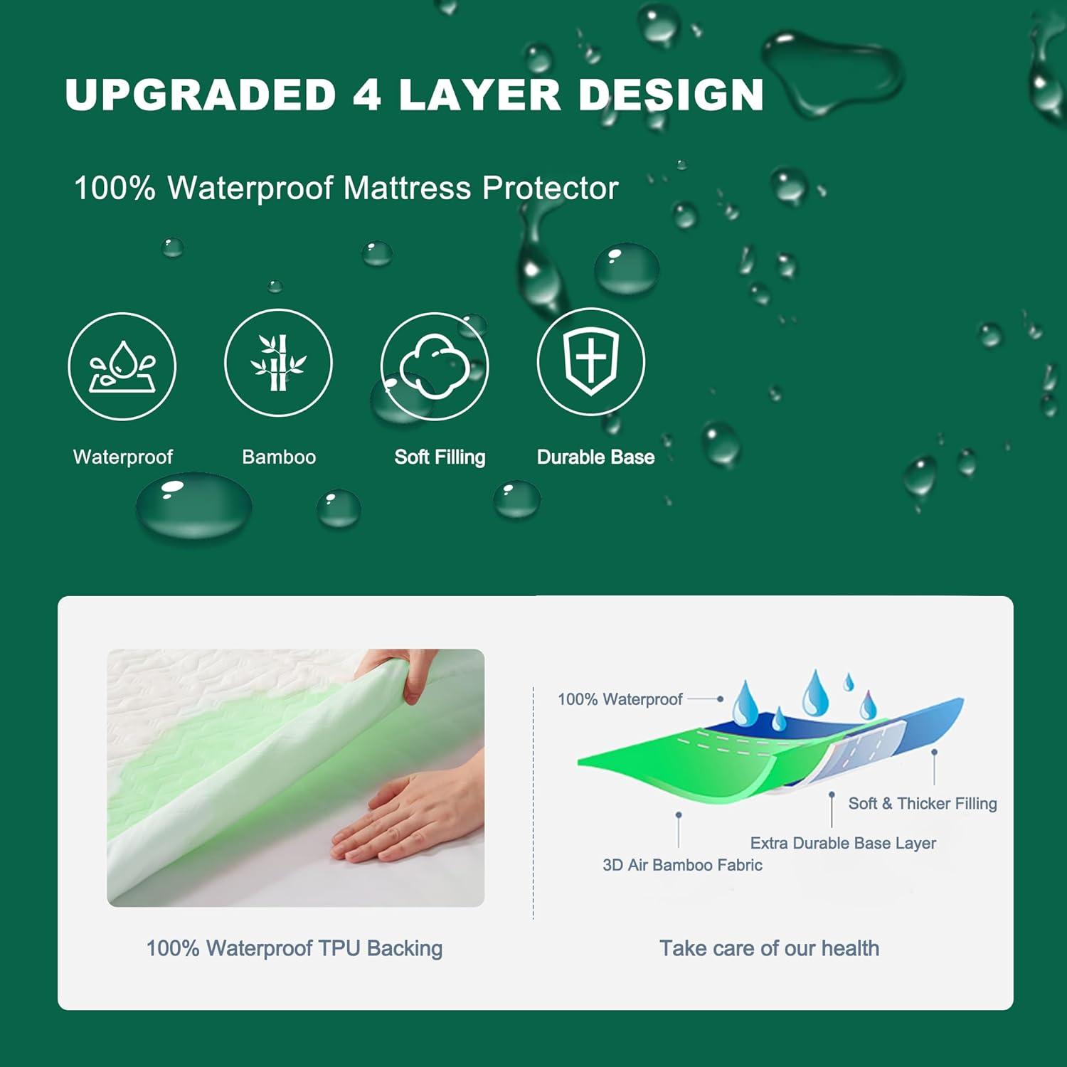 Queen Size Waterproof Mattress Protector, 40% Rayon From Bamboo Cooling Mattress Pad Cover, 3D Air Fabric Breathable Mattress Pad Fitted With Deep Pocket 6"- 15" Machine Washable