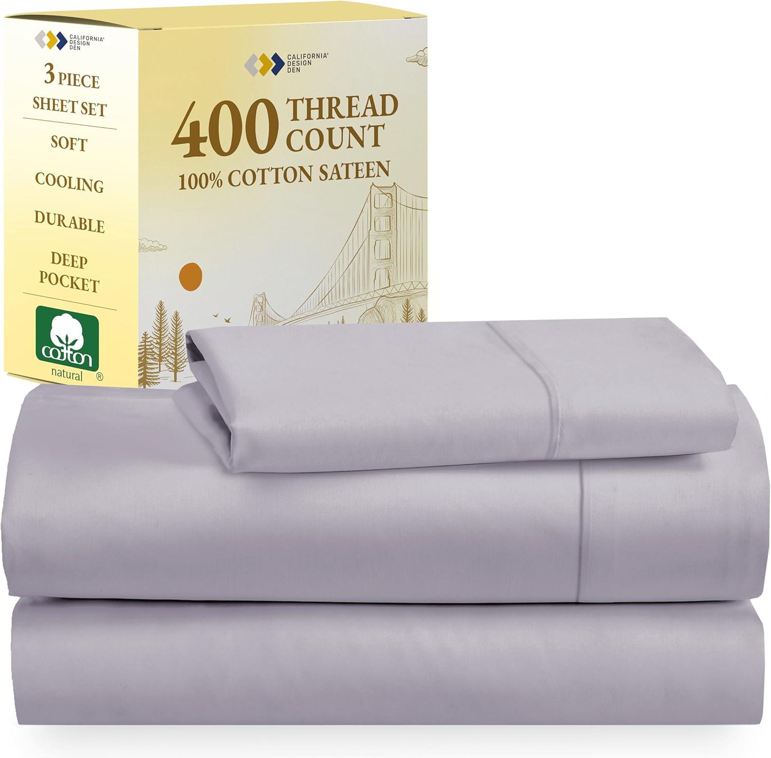 Cotton Sheets Set - Softest 400 Thread Count Bed Sheets, 100% Cotton Sateen, Cooling, Deep Pocket by California Design Den