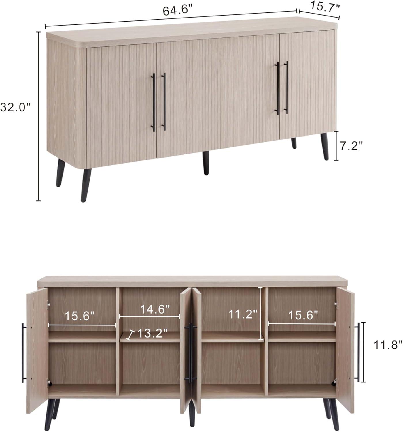 Manhattan Comfort Jodie 65" Mid-Century Modern Sideboard with 8 Adjustable Shelves in Whitewashed Oak
