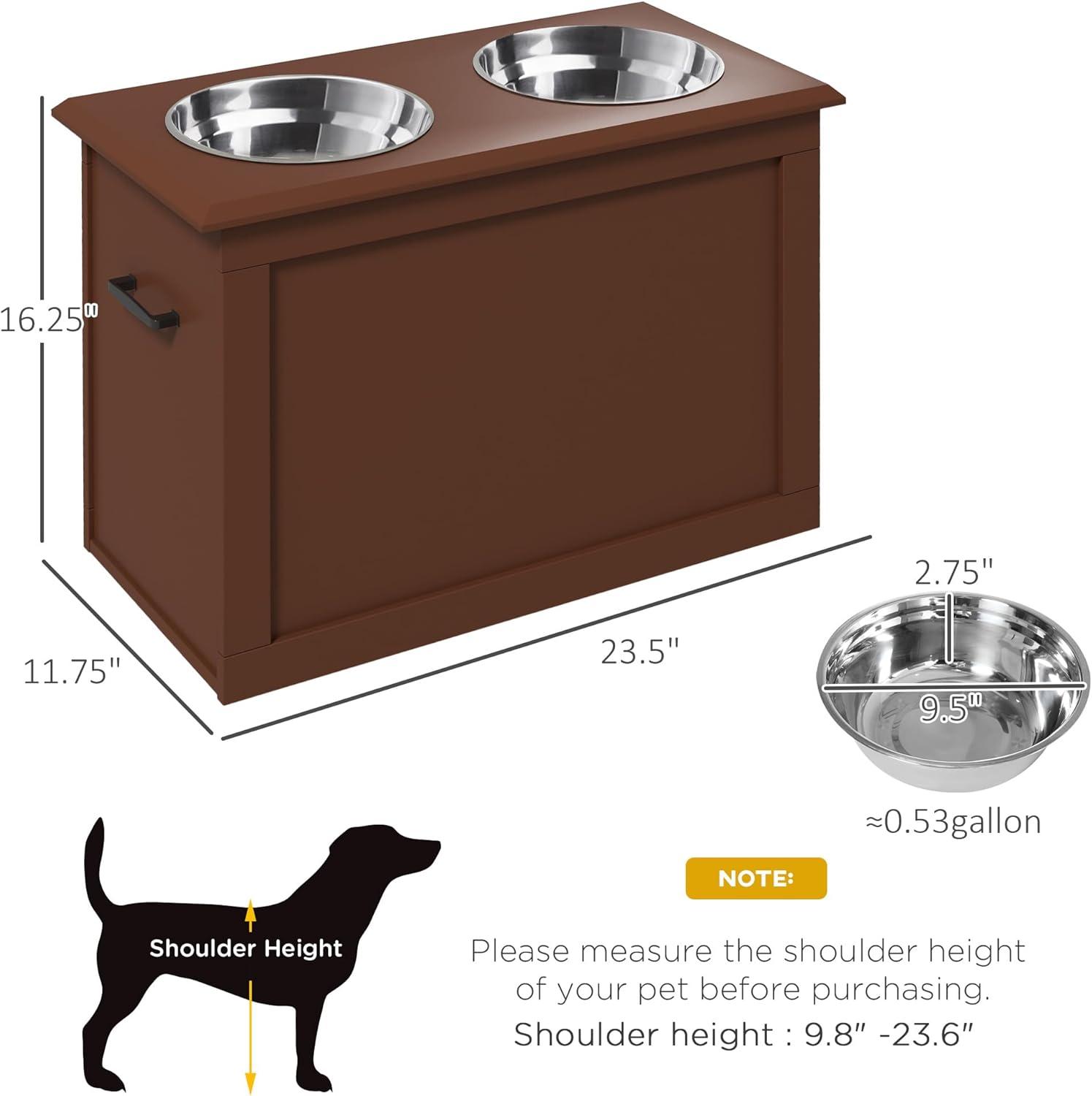 Raised Pet Feeding Storage Station with 2 Stainless Steel Bowls Base for Large Dogs and Other Large Pets, Brown