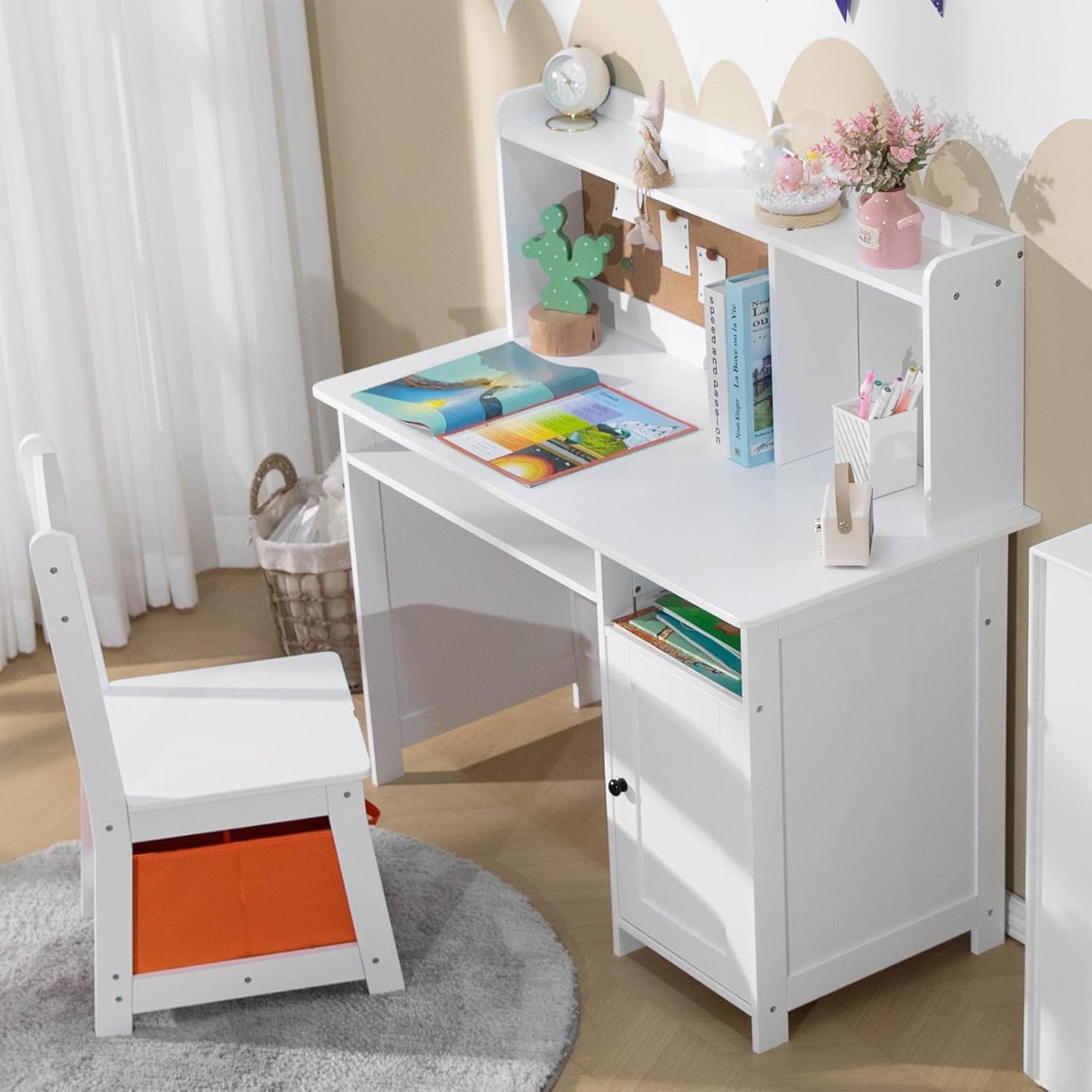 Soonbuy Kids Desk, Wooden Study Desk and Chair Set for Children, Writing Desk with Storage for 3-8 Yrs Boys Girls,White