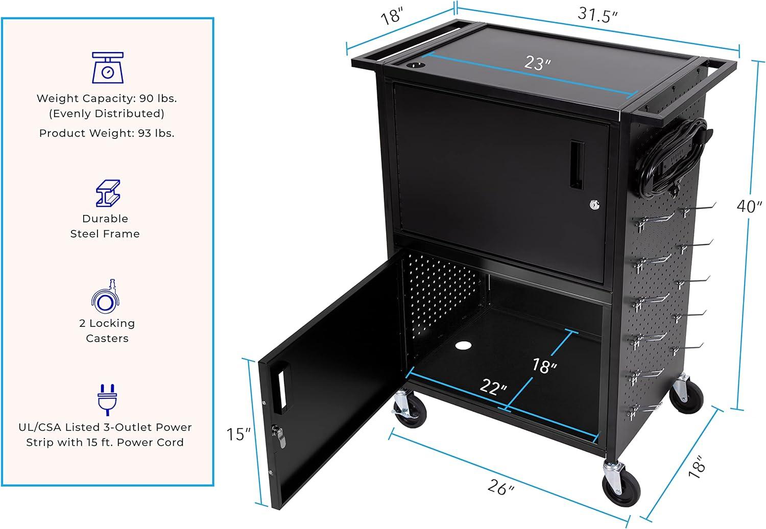 Line Leader Stellar AV Cart / Carro para Computadora con Guarnición de Tablero Perforado y 12 Ganchos para Almacenamiento/armario de Bloqueo Personalizable y Bandeja para Teclado Extraíble / Tomas de Corriente Certificadas de Seguridad UL / Ruedas de Bloqueo