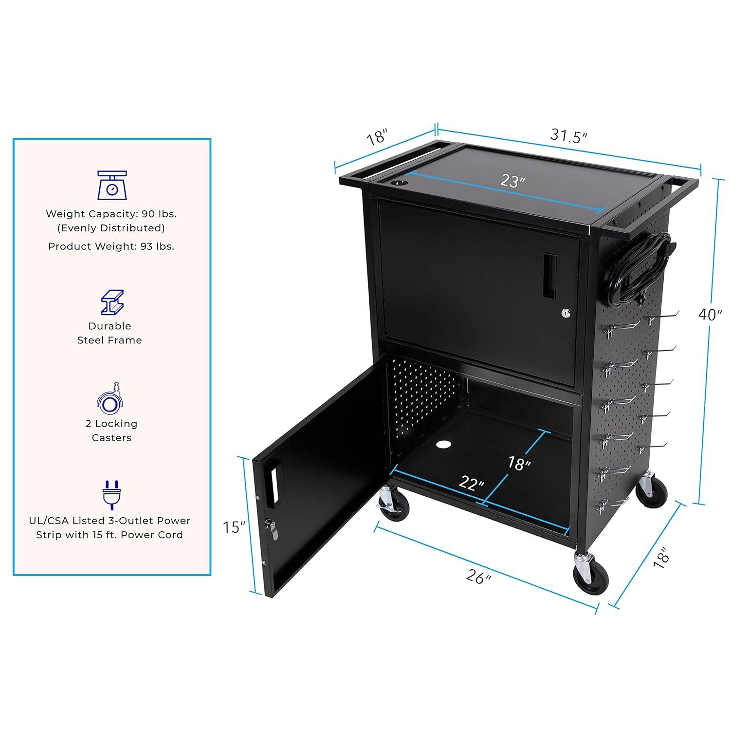 Line Leader Stellar AV Cart / Carro para Computadora con Guarnición de Tablero Perforado y 12 Ganchos para Almacenamiento/armario de Bloqueo Personalizable y Bandeja para Teclado Extraíble / Tomas de Corriente Certificadas de Seguridad UL / Ruedas de Bloqueo