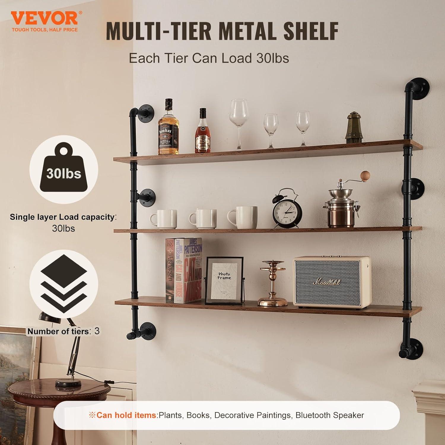 VEVOR Industrial Pipe Shelf, 3 Tier 48x9.84in, Wall-Mount Floating Rustic Wood Shelves Bracket Display Bookshelf, Storage Rack Sundries Holder for Kitchen Bedroom Bathroom Living Room, Black