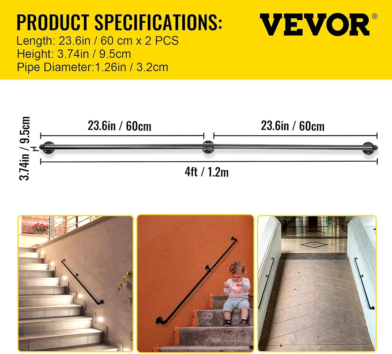 4 ft. Pipe Stair Handrail 440 lbs. Load Capacity Wall Mounted Handrail Round Corner Handrails for Outdoor Steps, Black
