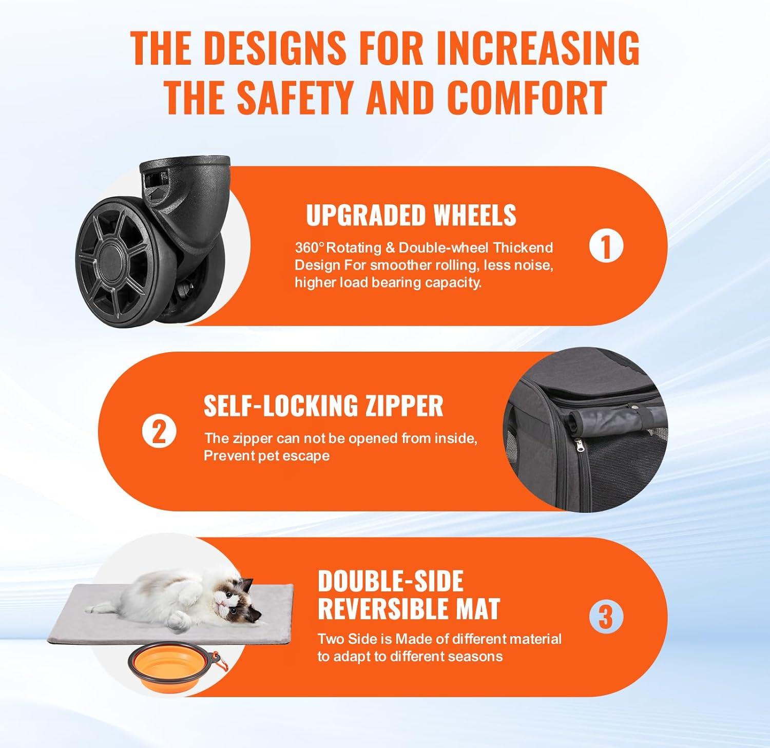 VEVOR Large Cat Dog Carrier with Wheels for Under 35lbs, Rolling Pet Carrier with Upgraded Wheels, Foldable Wheeled Dog Travel Carrier (Not for Airline)