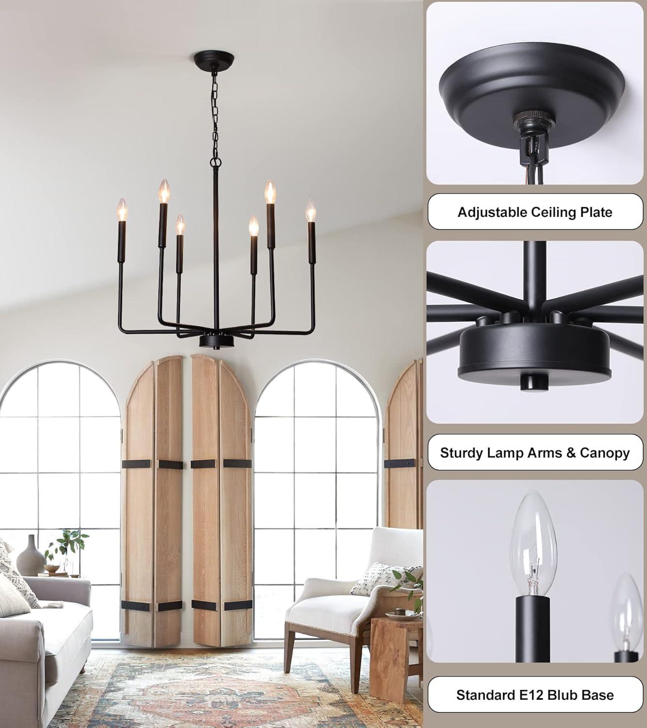 SineRise Black Chandelier, 6-Light Modern Farmhouse Chandelier, Candle Chandelier Light Fixtures, Rustic Industrial Chandelier for Entryway, Bedroom, Foyer and Living Room