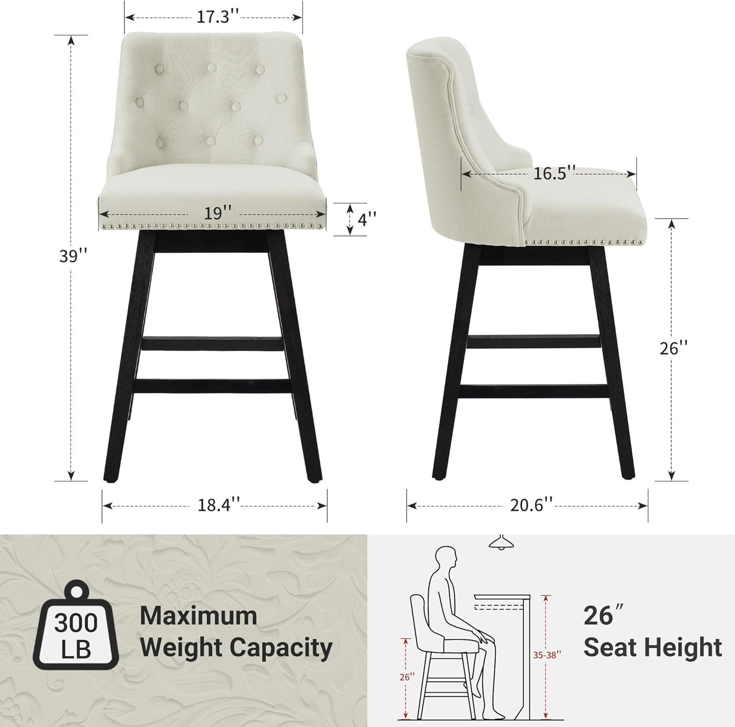 Off-White Upholstered Swivel Counter Stools with Wood Legs, Set of 2