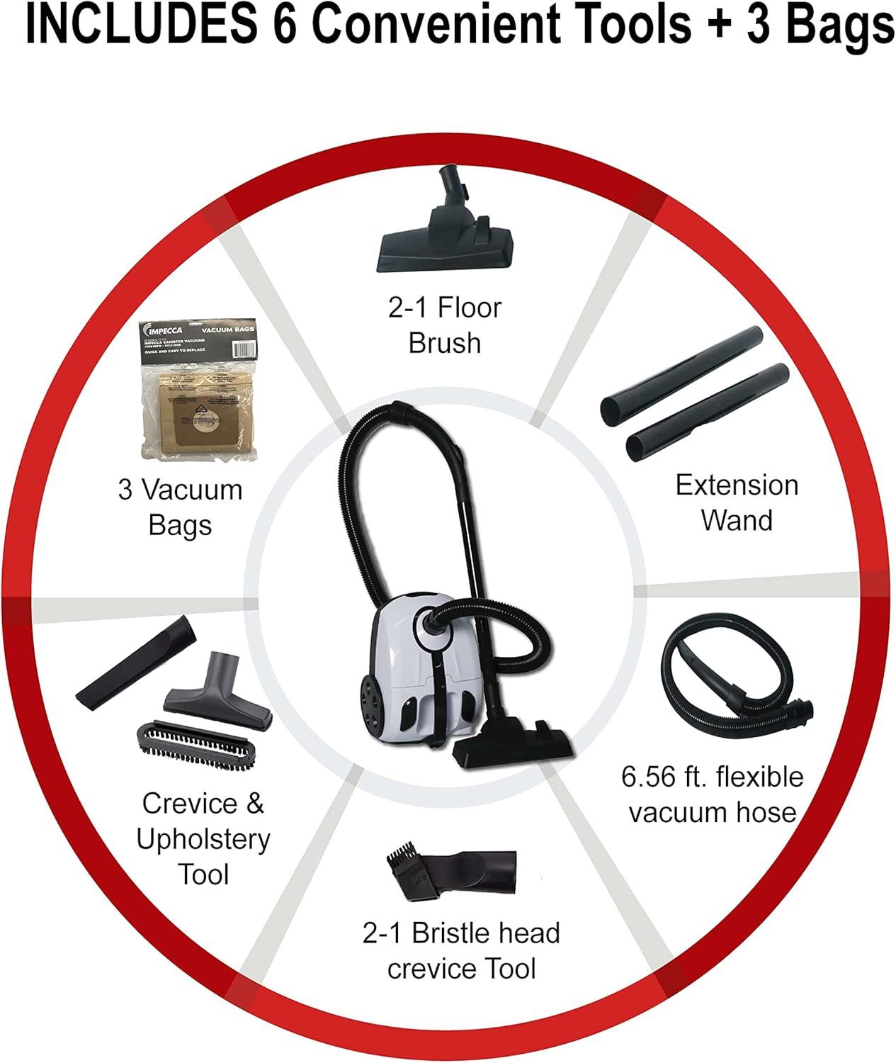 Impecca Lightweight Bagged Canister Vacuum Cleaner for Carpets, Rugs, Hard Floors, Upholstery, etc W/Powerful 1000W Motor, 2L Dust Capacity, Includes 6 Cleaning Tools + 3 Bags - White