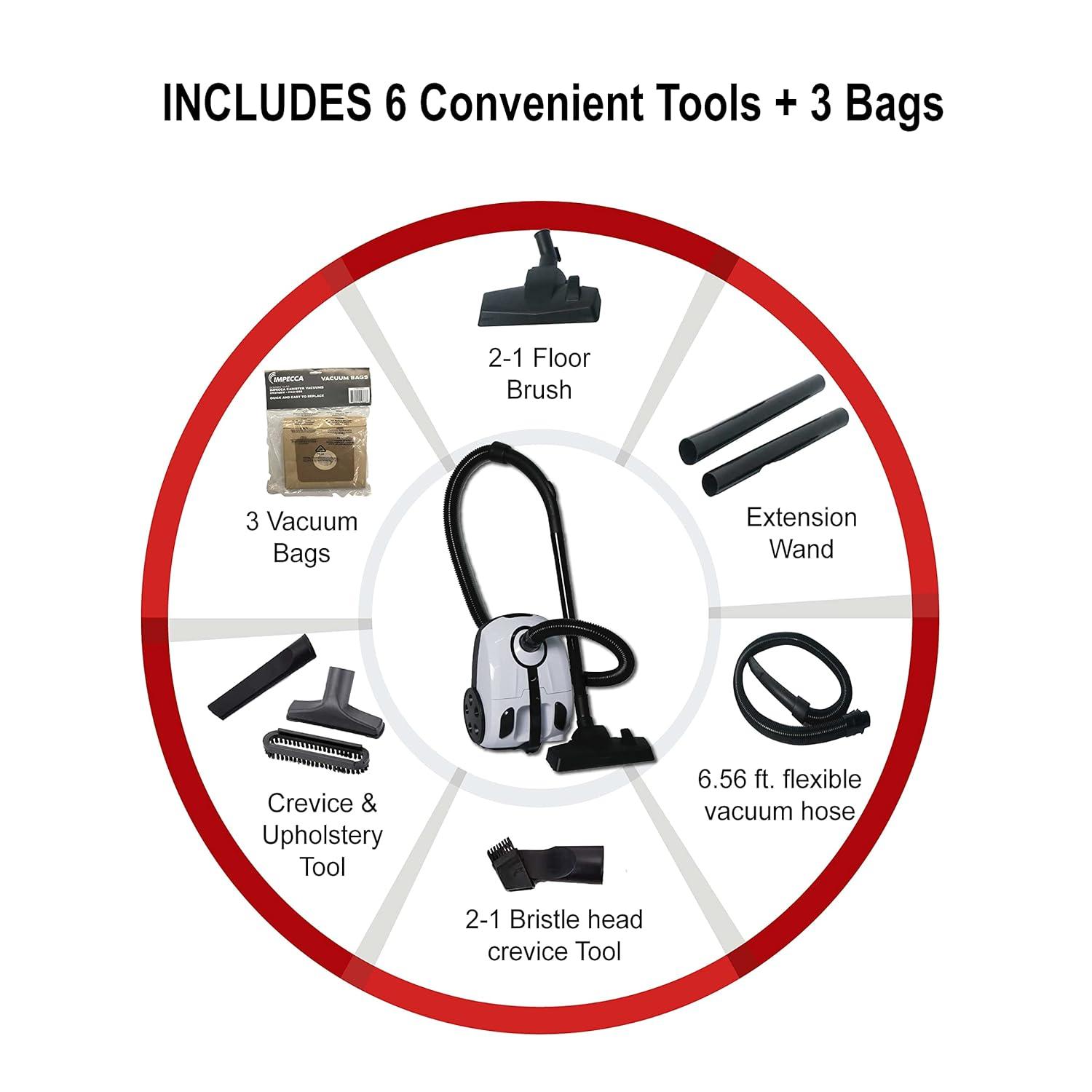 Impecca Lightweight Bagged Canister Vacuum Cleaner for Carpets, Rugs, Hard Floors, Upholstery, etc W/Powerful 1000W Motor, 2L Dust Capacity, Includes 6 Cleaning Tools + 3 Bags - White