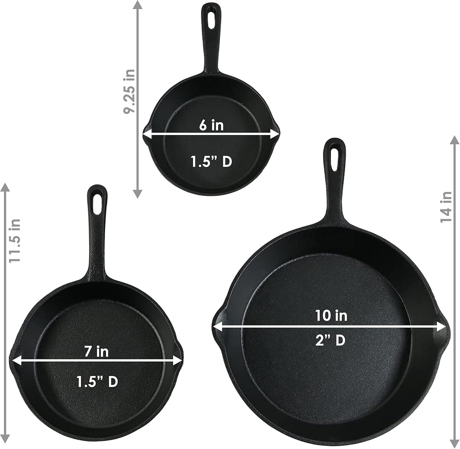 Heavy-Duty Black Cast Iron Skillet Set, 3-Piece