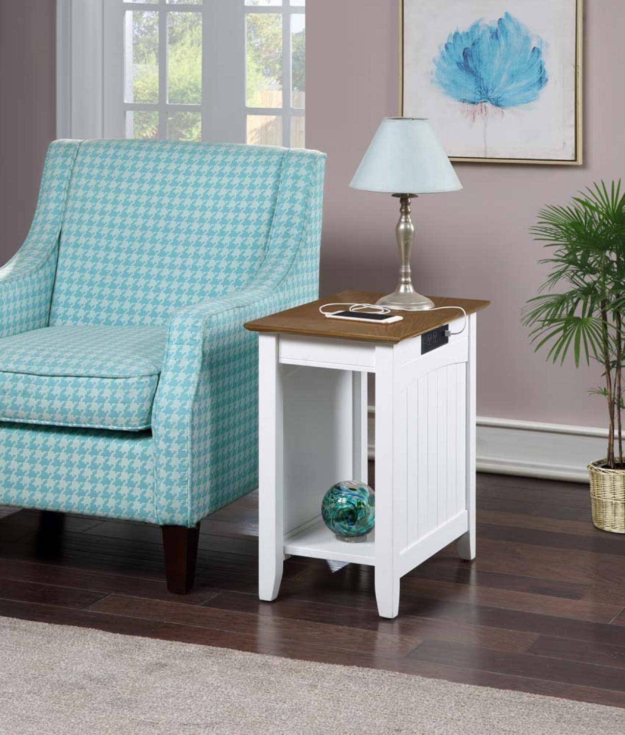 Convenience Concepts Edison End Table with Charging Station and Shelf, Driftwood/White