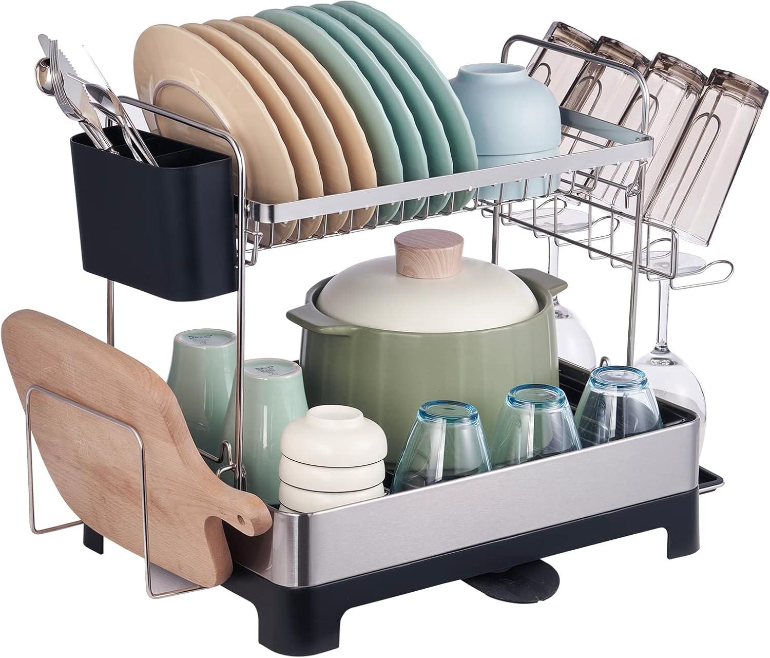 Stainless Steel Two-Tier Dish Rack with Utensil Cup