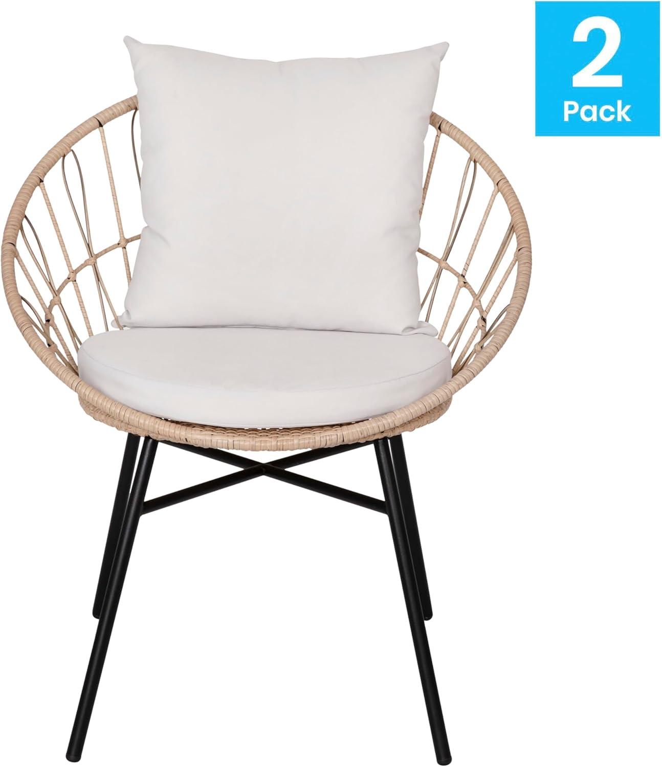 Flash Furniture Devon Set of 2 Indoor/Outdoor Modern Papasan Patio Chairs, Rope with Tan Finish PE Wicker Rattan and Light Gray Cushions