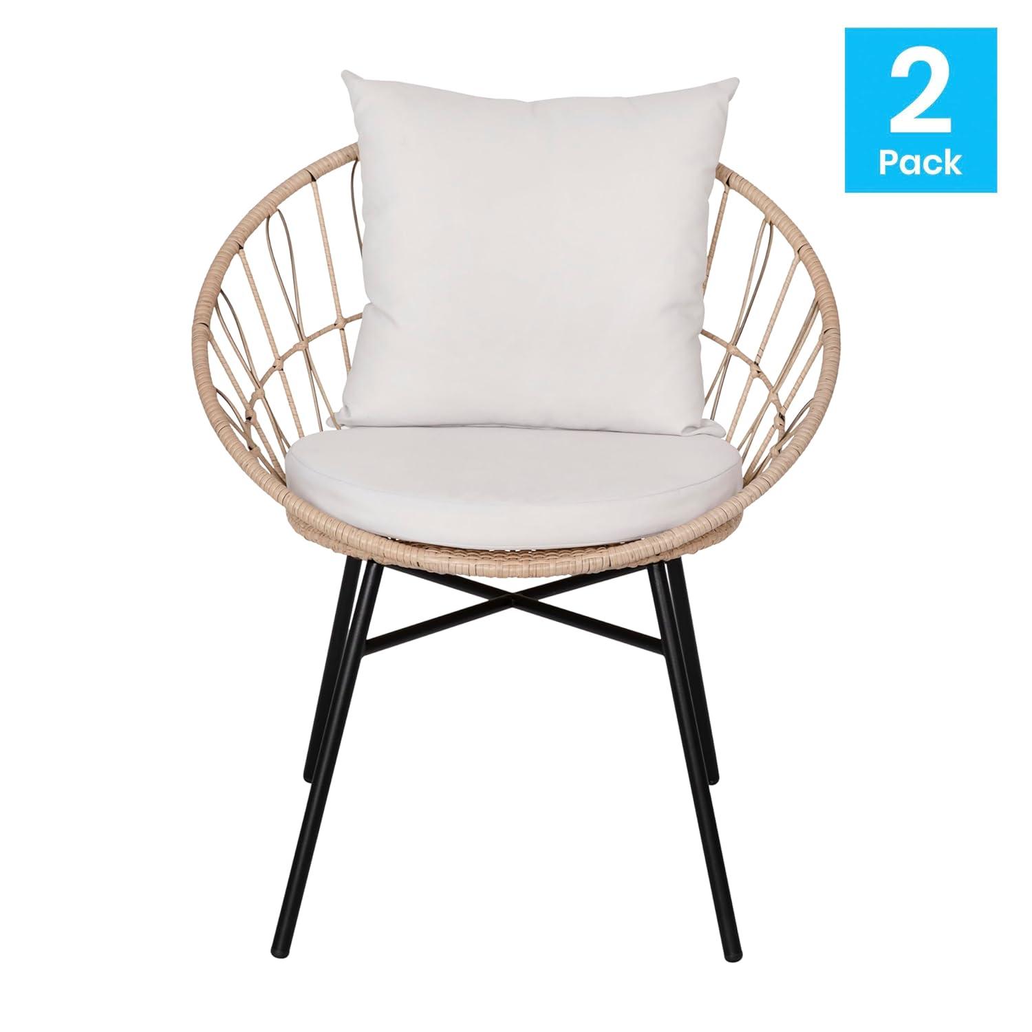 Flash Furniture Devon Set of 2 Indoor/Outdoor Modern Papasan Patio Chairs, Rope with Tan Finish PE Wicker Rattan and Light Gray Cushions
