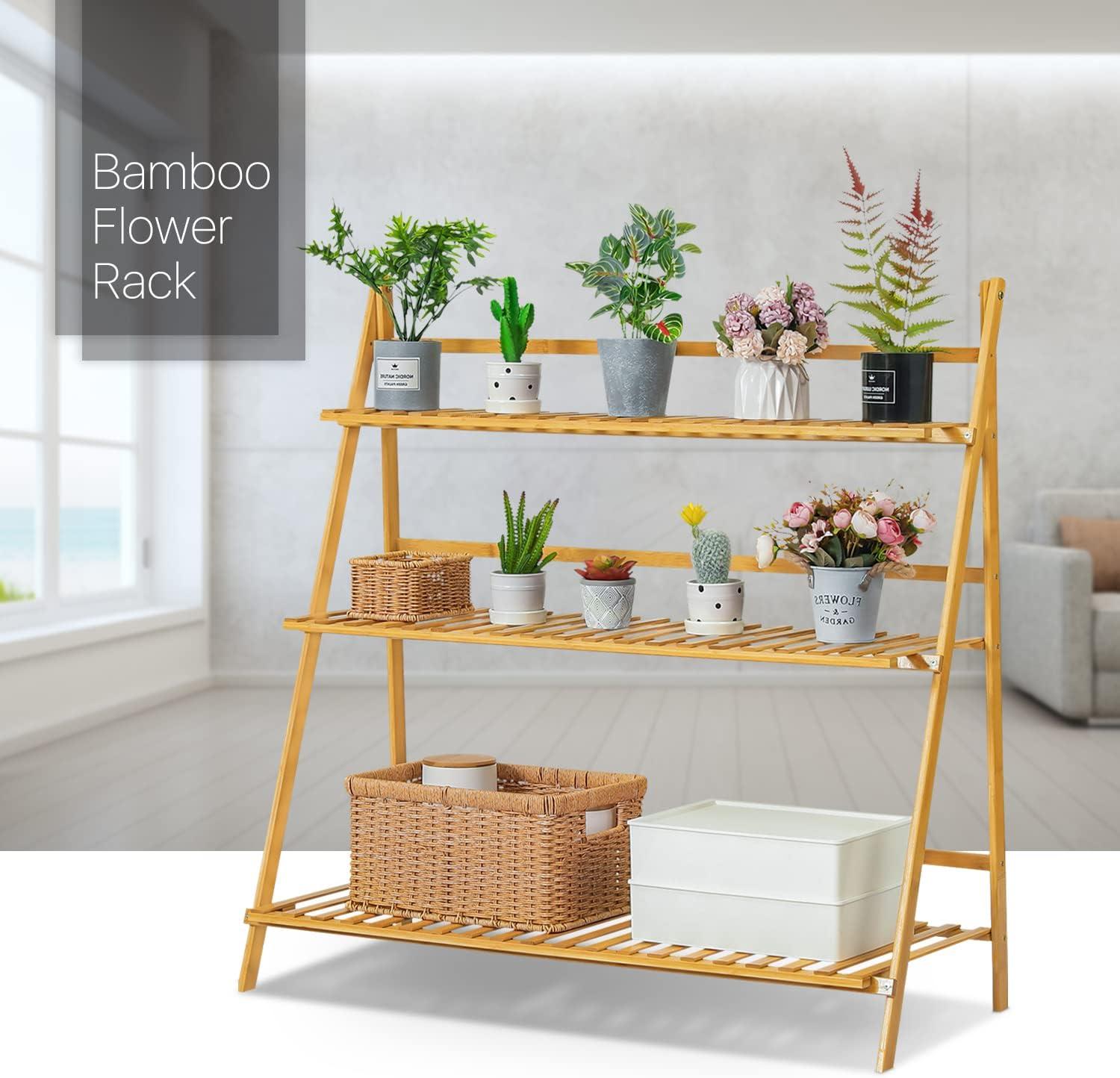 3 Tiers Trapezoidal Bamboo Wood Plant Pot Stand Folding Ladder Holder