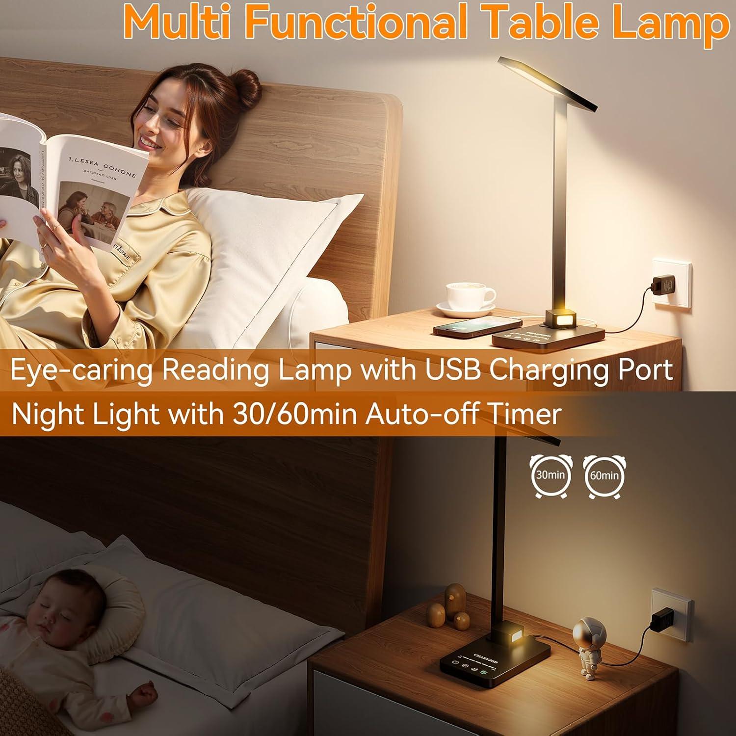 3 in 1 LED Desk Lamp Dimmable Table Lamp Reading Lamp with USB Charging Port and Night Light, Multi-angle Adjustable 25 Lighting Modes Bright Eye-Caring Desk Light Desk Lamp for College Dorm Room