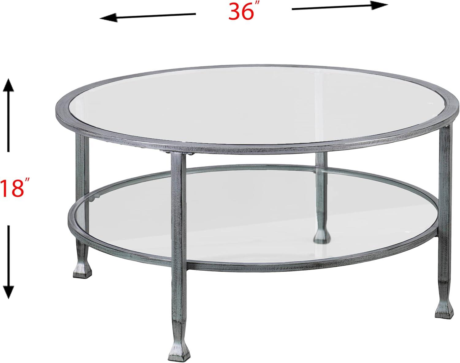 Furniture Jaymes Metal & Glass Round 2-Tier  Coffee Table  Silver/Black Distressing