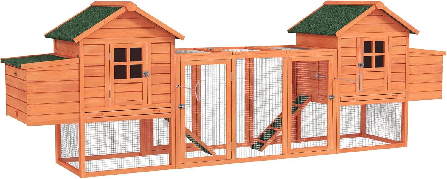 PawHut 124" Dual Chicken Coop, Wooden Large Chicken House, or Rabbit Hutch, Hen Poultry Cage Backyard with Outdoor Ramps and Nesting Boxes, Natural
