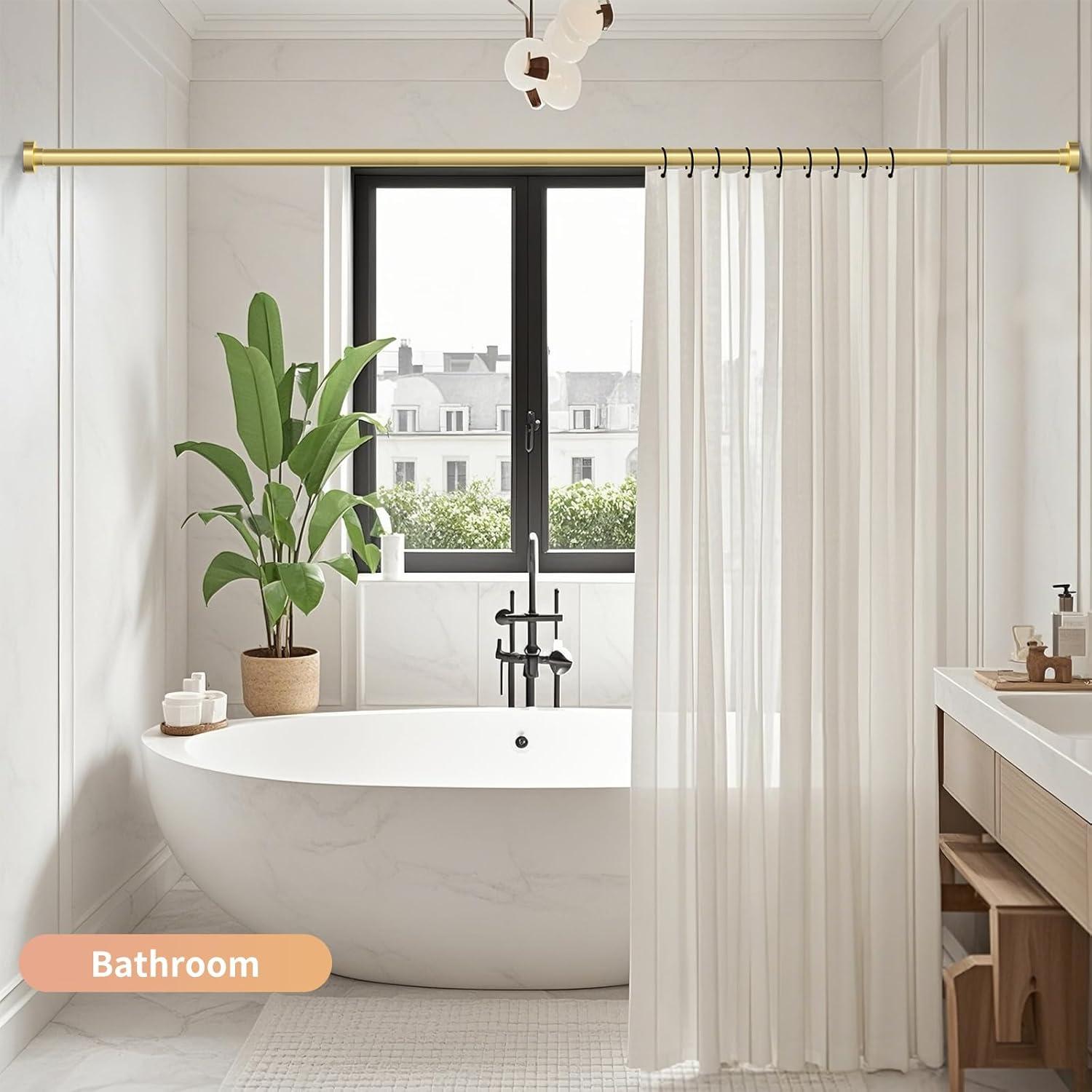 Gold Shower Curtain Rod 34-66 Inches(2.8-5.5ft) Never Rust Adjustable Shower Rod Spring Tension Non Slip No Drilling Shower Rods for Bathroom Garland Window