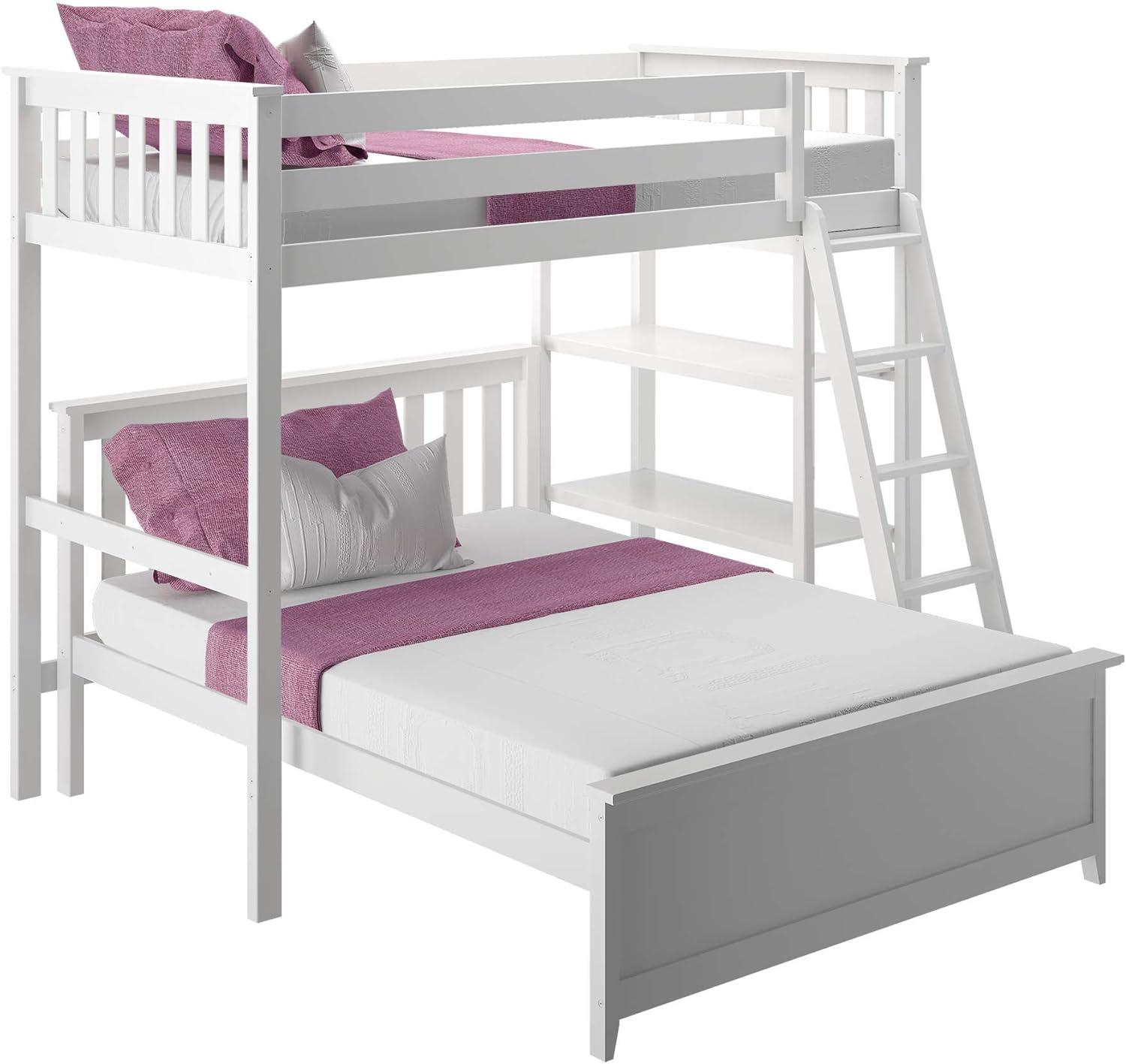 Max & Lily Solid wood L-Shaped Bunk Bed, Twin over Full with Bookcase for Kids, White